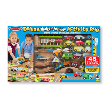Melissa & Doug Deluxe Multi-Vehicle Activity Rug (39.5' X 36.5') - 19 Vehicles, 12 Wooden Signs, Train Tracks