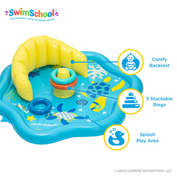 Swimschool Baby Splash Play Mat – Inflatable Play Pool For Babies & Infants With Backrest – Includes Baby Water Toy Rings– Seafoam Blue Lemon