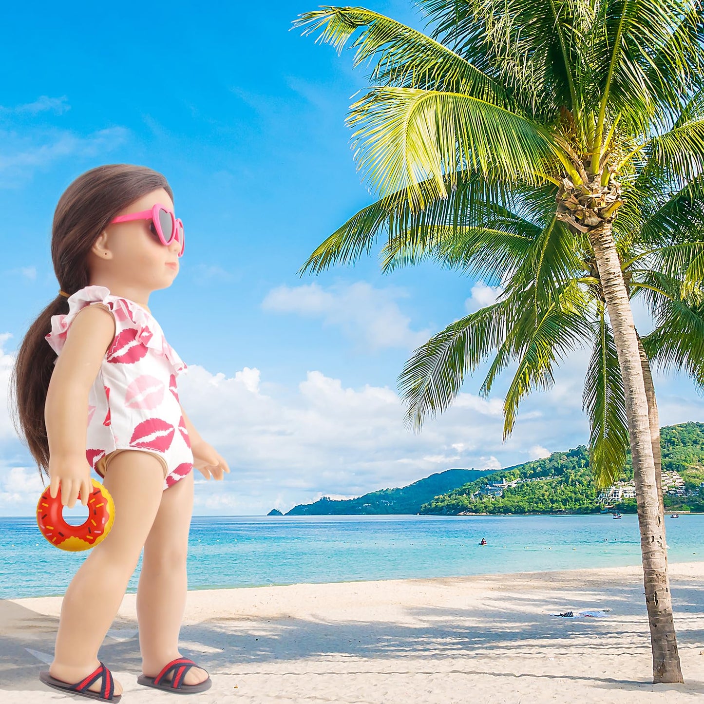 Msyo 18 Inch Doll Swim Accessories Set, Passionate Doll Beach Sunbathing Playset For American Doll Girls, Includes Doll Bikini Swimsuits, Heart-Shaped Sunglasses, Goggles, Sandals And Swimming Ring