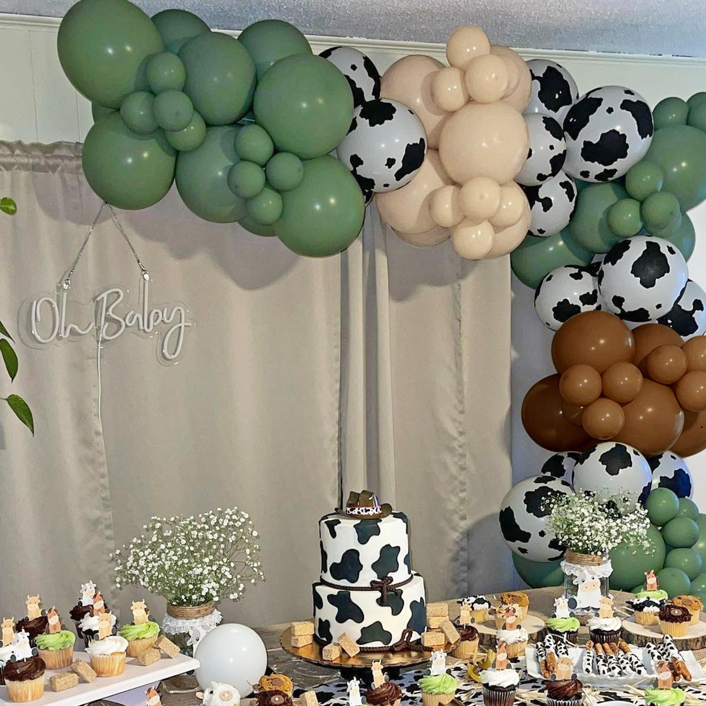 XIPEGPA 158 PCS Green Cow Balloons Arch Garland Kit - Retro Green Decorations for Baby Shower, Birthday, Farm Cowboy Theme Party