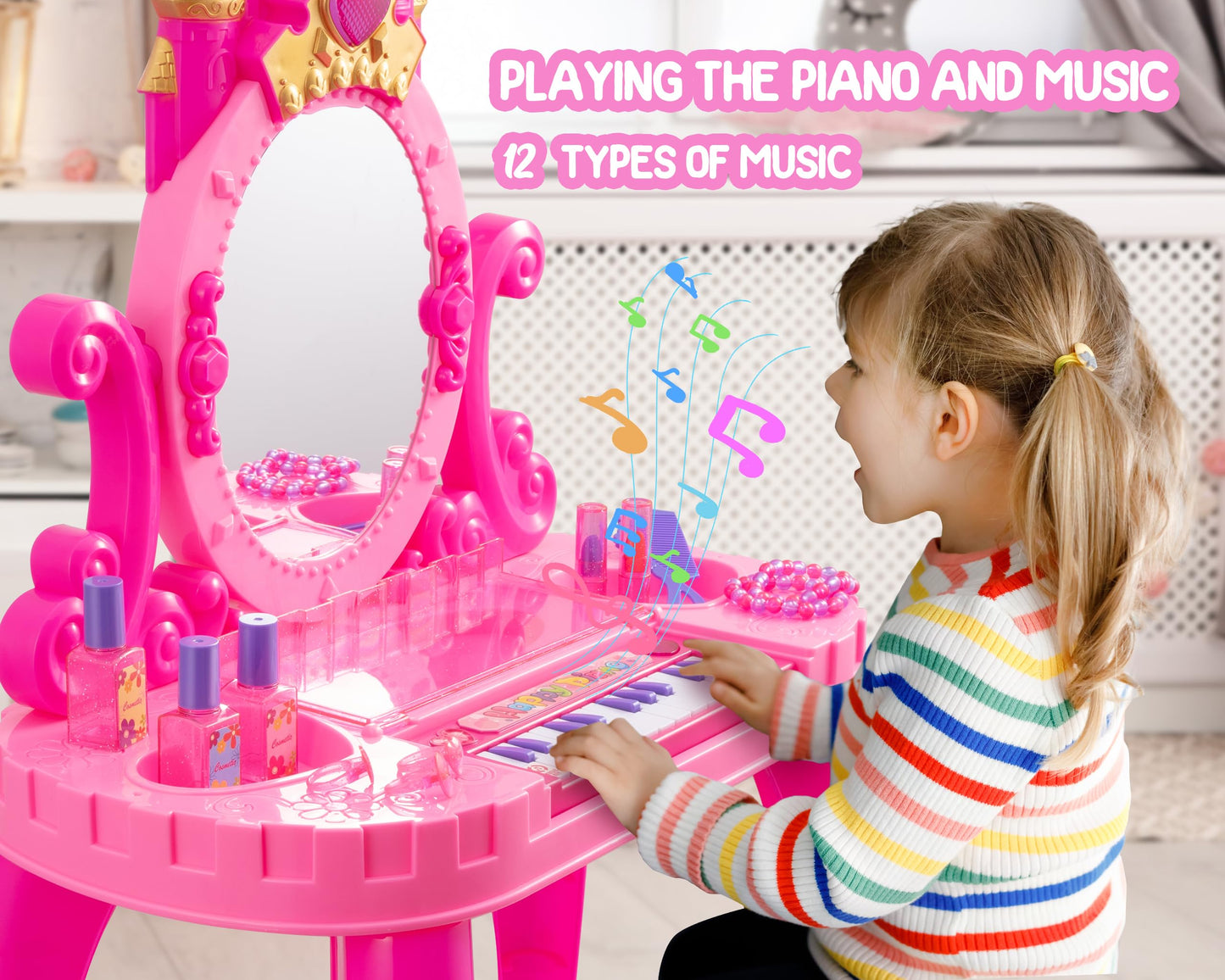 Vanity Makeup Table Toy With Adjustable Mirror, Comfortable Seat, Electronic Organ, Lights, And Music For Little Girls - Spark I