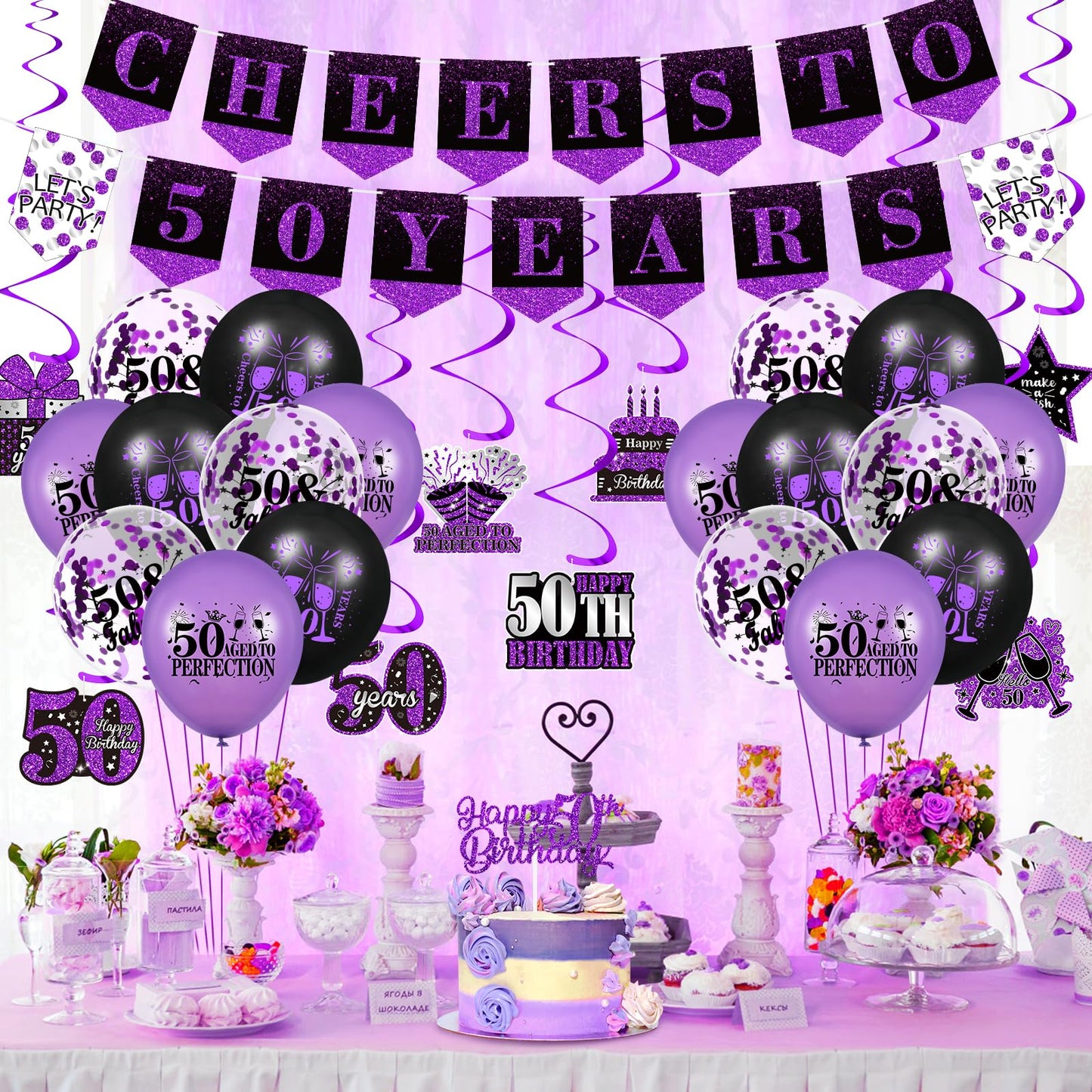 Purple 50Th Birthday Decorations For Women Men Purple Black 50Th Birthday Banner Hanging Swirls 50Th Birthday Balloons Happy 50Th Birthday Cake Topper For Purple Cheer To 50 Years Party Supplies