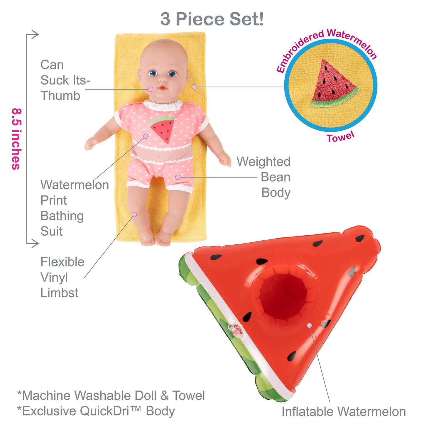 Adora Splash Time Babies Collection, 8.5” Baby Doll With Sweet Baby Smell, Premium Quickdri Vinyl & Machine Washable, Includes Clothes & Accessories, Birthday Gift For Ages 3+ - Fresh Watermelon