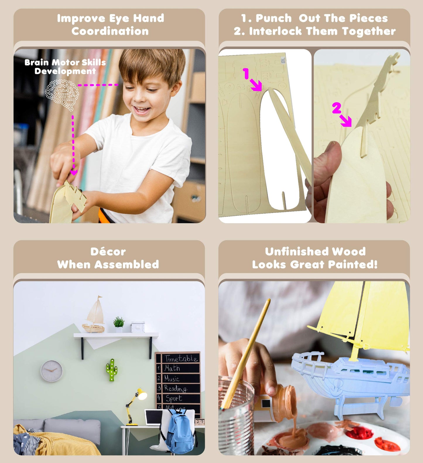 Puzzled 3D Puzzle Sailboat Wood Craft Construction Model Kit, Fun Unique & Educational Diy Wooden Toy Assemble Model Unfinished Crafting Hobby Boat Puzzle To Build & Paint For Decoration 39Pcs Pack