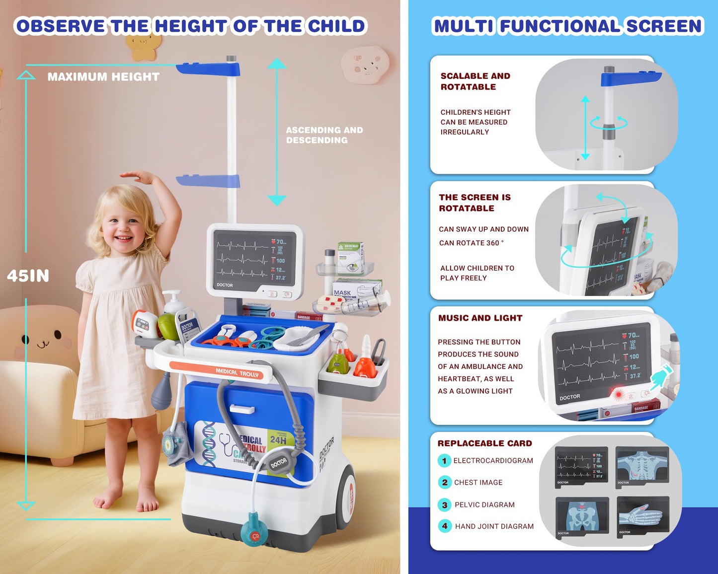 Doctor Kit for Toddlers - Deluxe Pretend Play Medical Cart Toy Set with Stethoscope ,Thermometer,Doctor Costume & Carry Bag - Ed