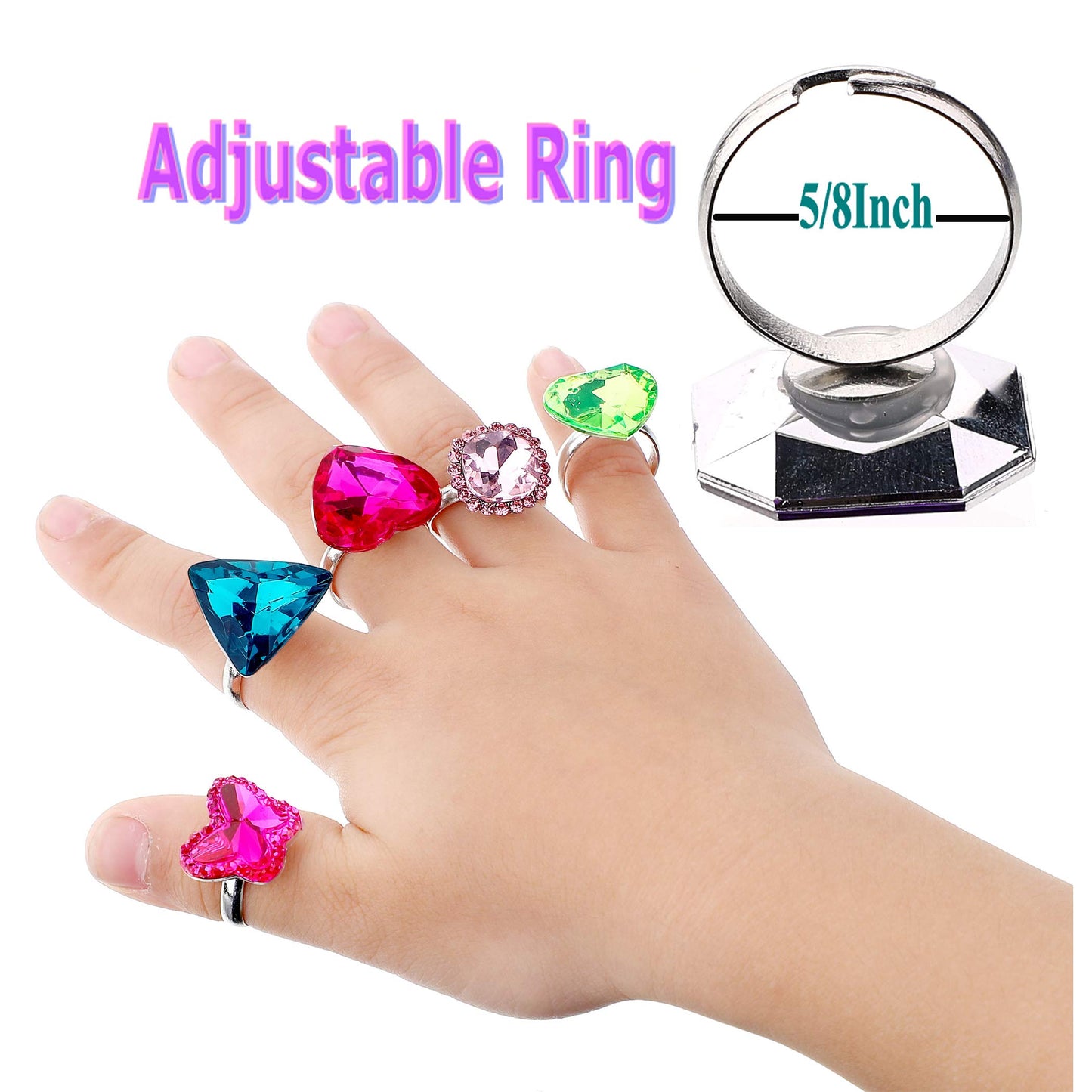 RICHNESS Adjustable Little Girl Jewel Rings Kids Gift Play Rings Multi Shapes Colorful Princess Pretend Jewel Rings Box Packed 1