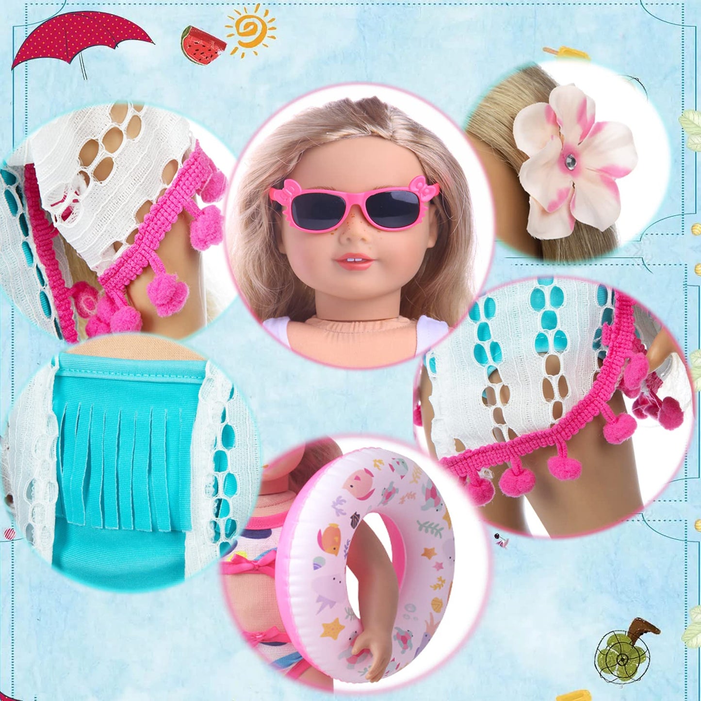 18 Inch American Doll Accessories, 18 Inch Fashion Doll Swimming Play Sets For American 18 Inch Girl Doll Including Doll Clothes Swimsuit Sunglasses Phone Shoes