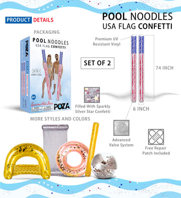 POZA 2 Pack Inflatable USA Flag Jumbo Pool Noodles Floats - enhanced elegant 74 Inch Giant Water Floating Noodles Filled with Sparkle Silver Confetti Pool Float for Swimming Pool Beach and Lake