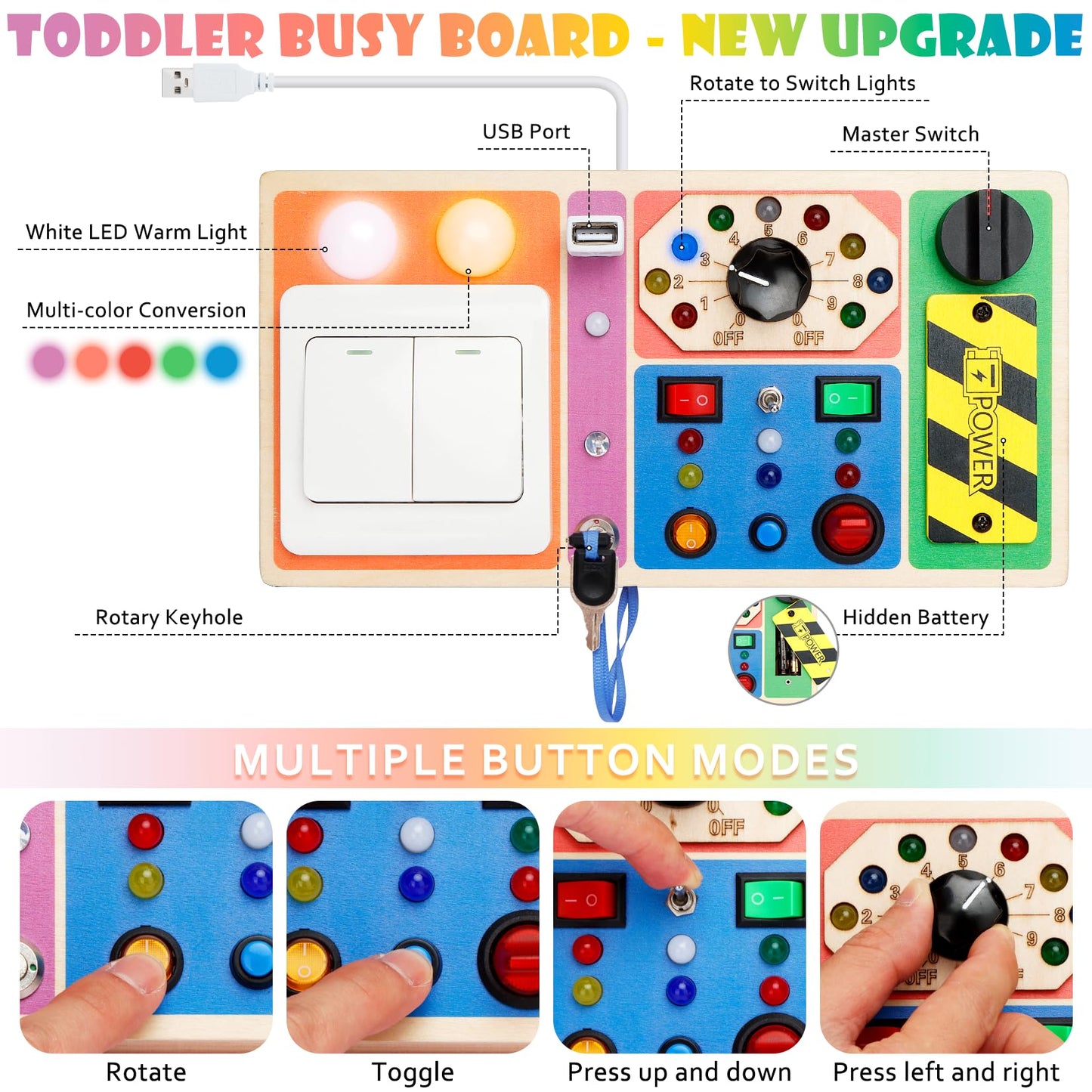 Dramation Montessori Busy Board Toys For 1-3 Years Old, Wooden Busy Board With 19 Led Lights, Switch And Button Board Toys, Sens