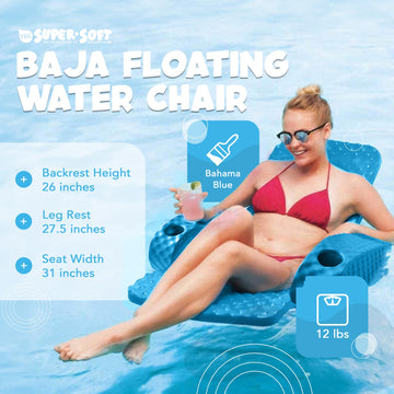 Trc Recreation Folding Baja Chair Foam Swimming Pool Float, Portable Super Soft Floating Lounger With 2 Cup Holders For Beach Essentials, Marina Blue