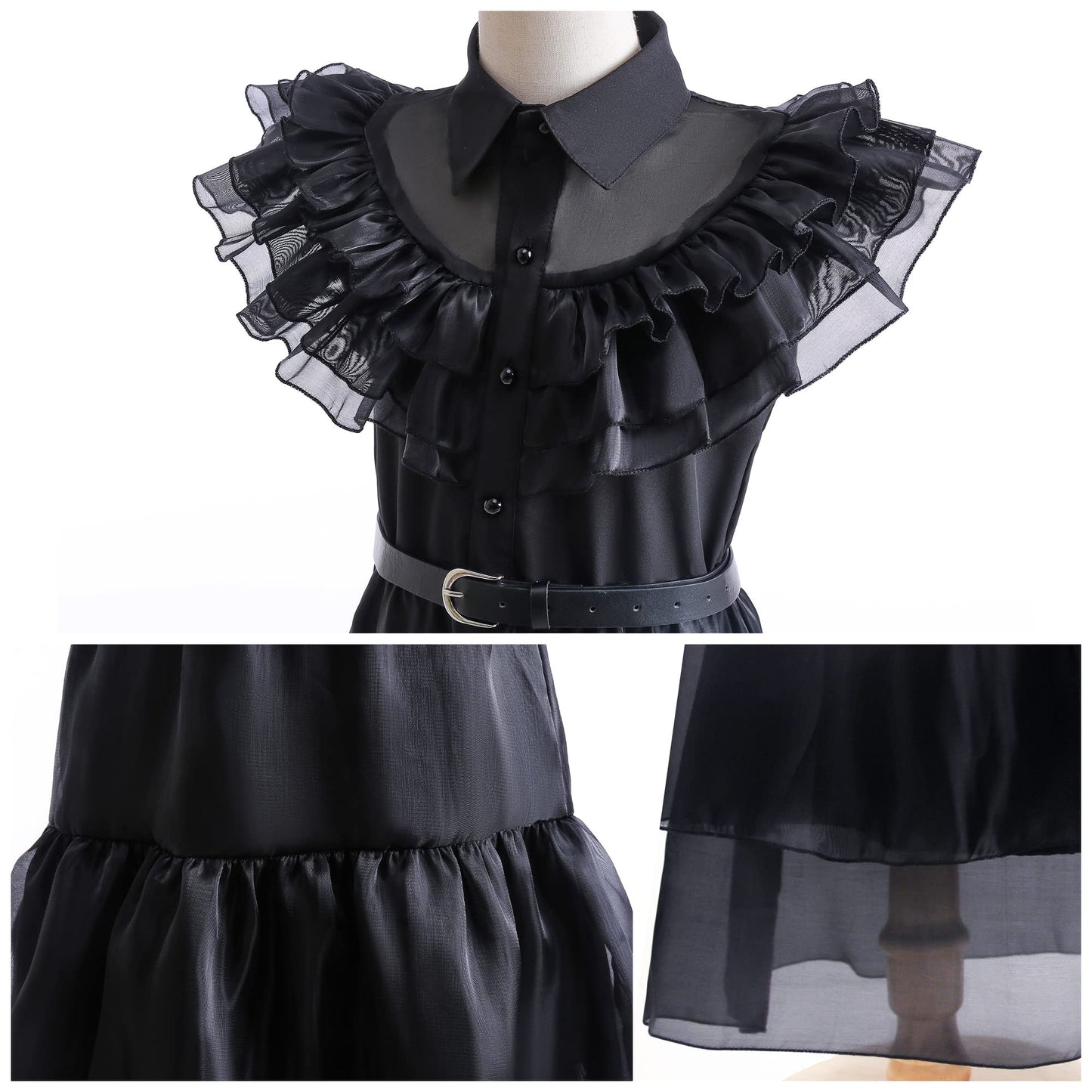 Grivos Black Costume Girls,Little Kid Dress For Kids Black Outfit Halloween Costumes Cosplay Party With Belt Wig Socks 4-14Y