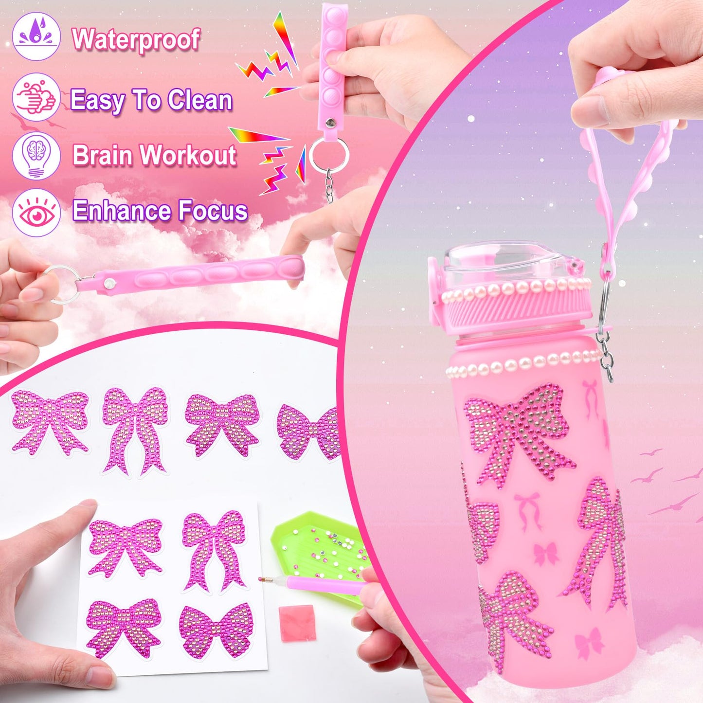 ASIOWELY Decorate Your Own Water Bottle Kits for Girls Age 4-6-8-10, Pink Bow Pattern Diamond Painting Art and Crafts for Boys A