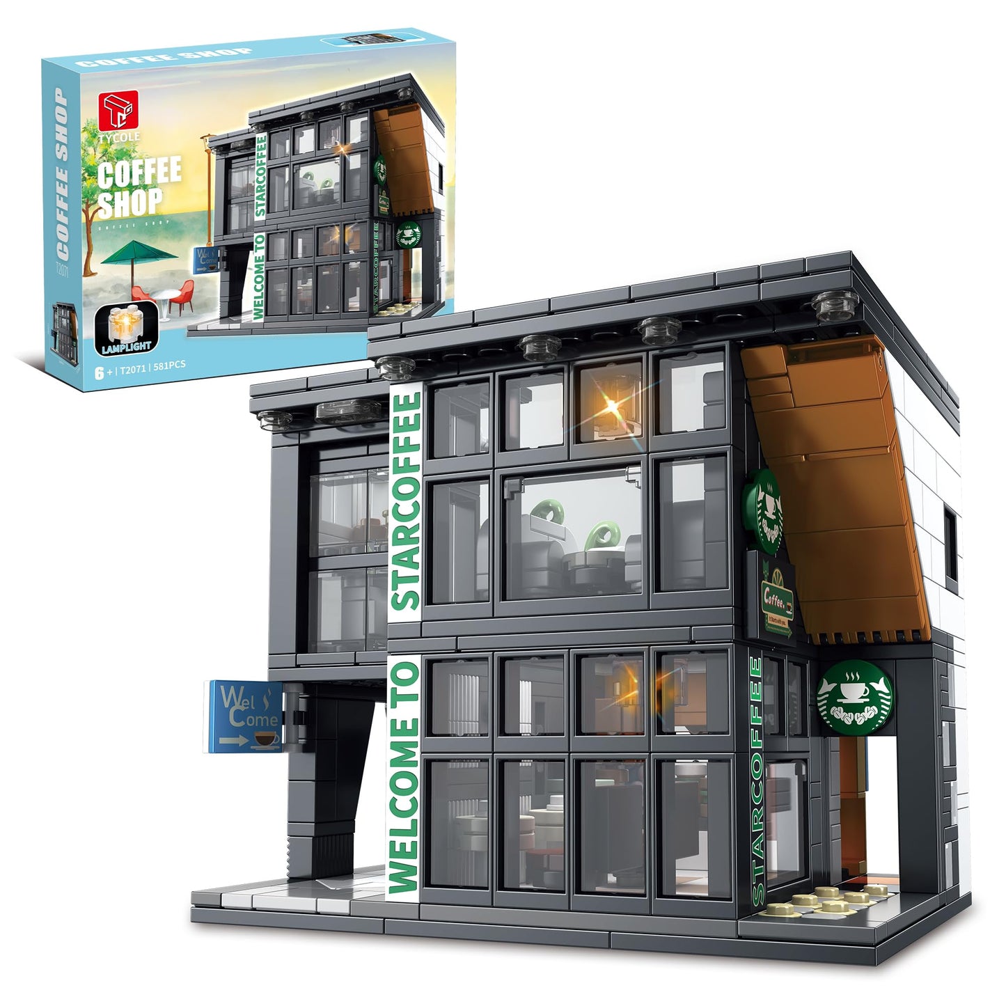 Tycole City Coffee Shop Building Block Set,Coffee House Architecture Toy With Lights, Creative Cafe House Compatible Bricks Kits