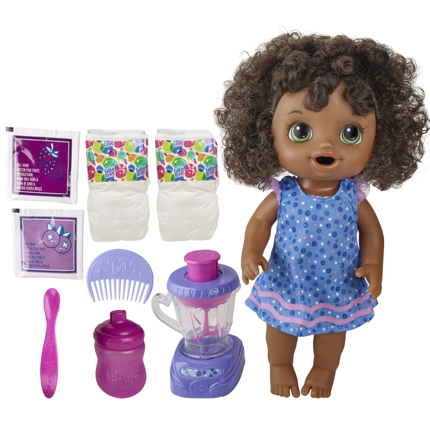 Baby Alive Magical Mixer Baby Doll Berry Shake With Blender Accessories, Drinks, Wets, Eats, Black Hair Toy For Kids Ages 3 And Up