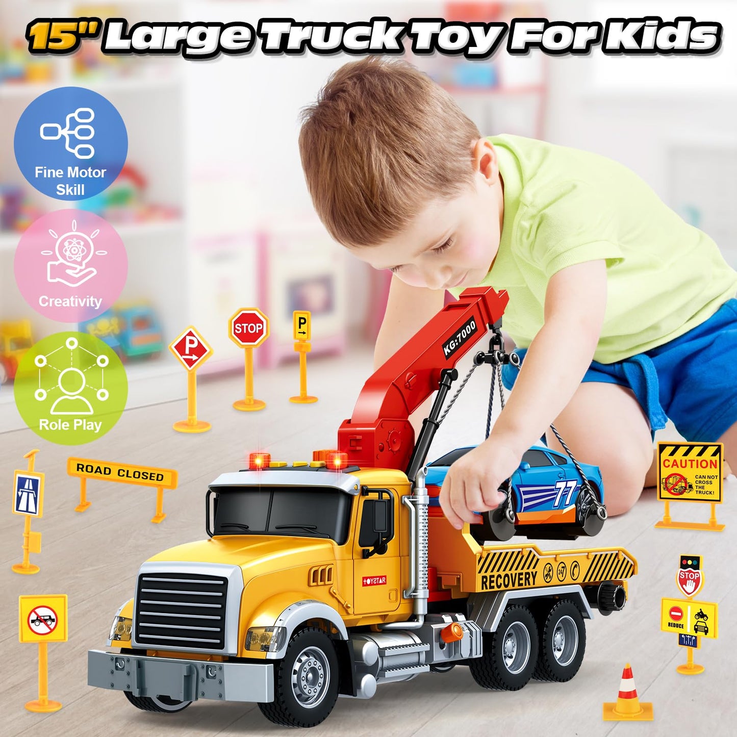 SpringFlower 15'' Large Tow Truck Toy, Toy for 3 4 5 6 Years Old Boy Toddlers, Truck Vehicle Toy with Racing Car, Traffic Signs,