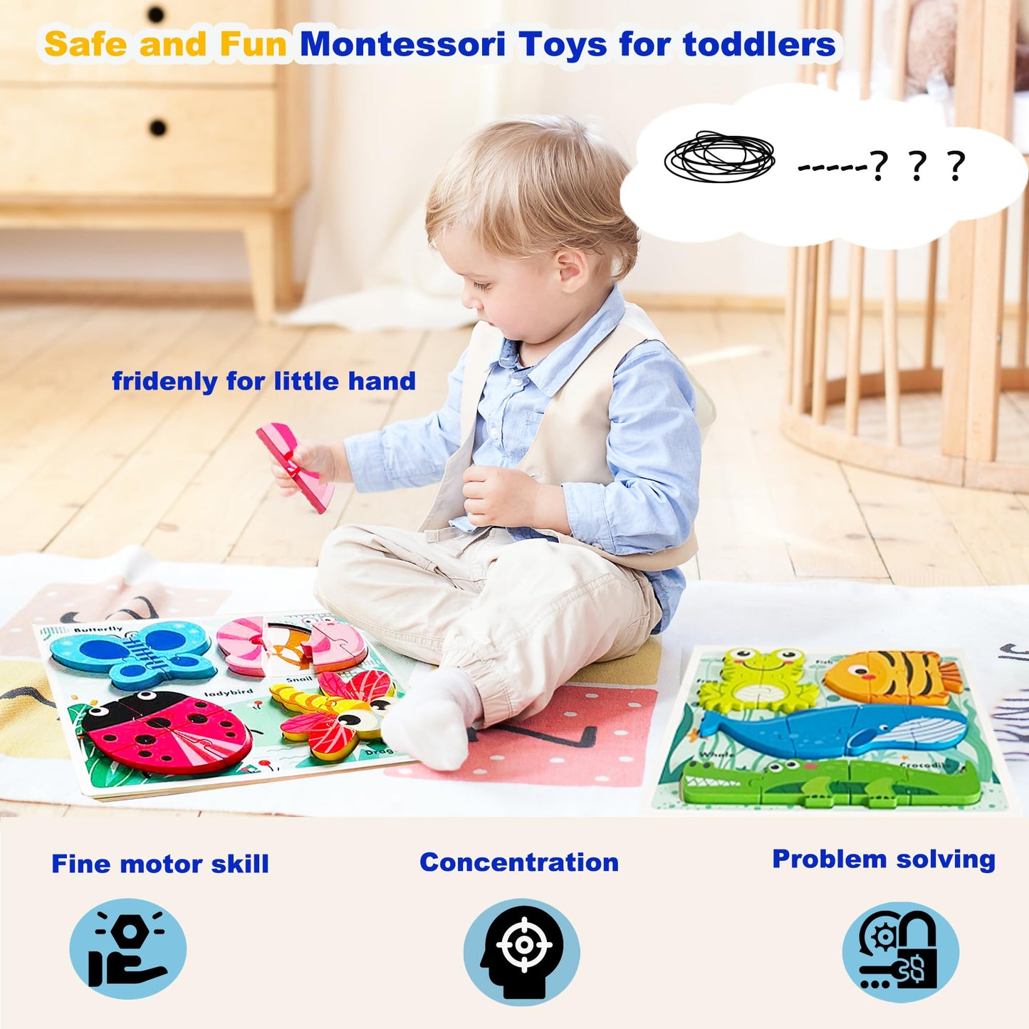 Wooden Educational Puzzles For Toddlers 2-4,Toddler Montessori Puzzle Ages 1-3, Learning Toys For 2 3 Years Old, Wood Gifts For Preschool Kids Boys Girls