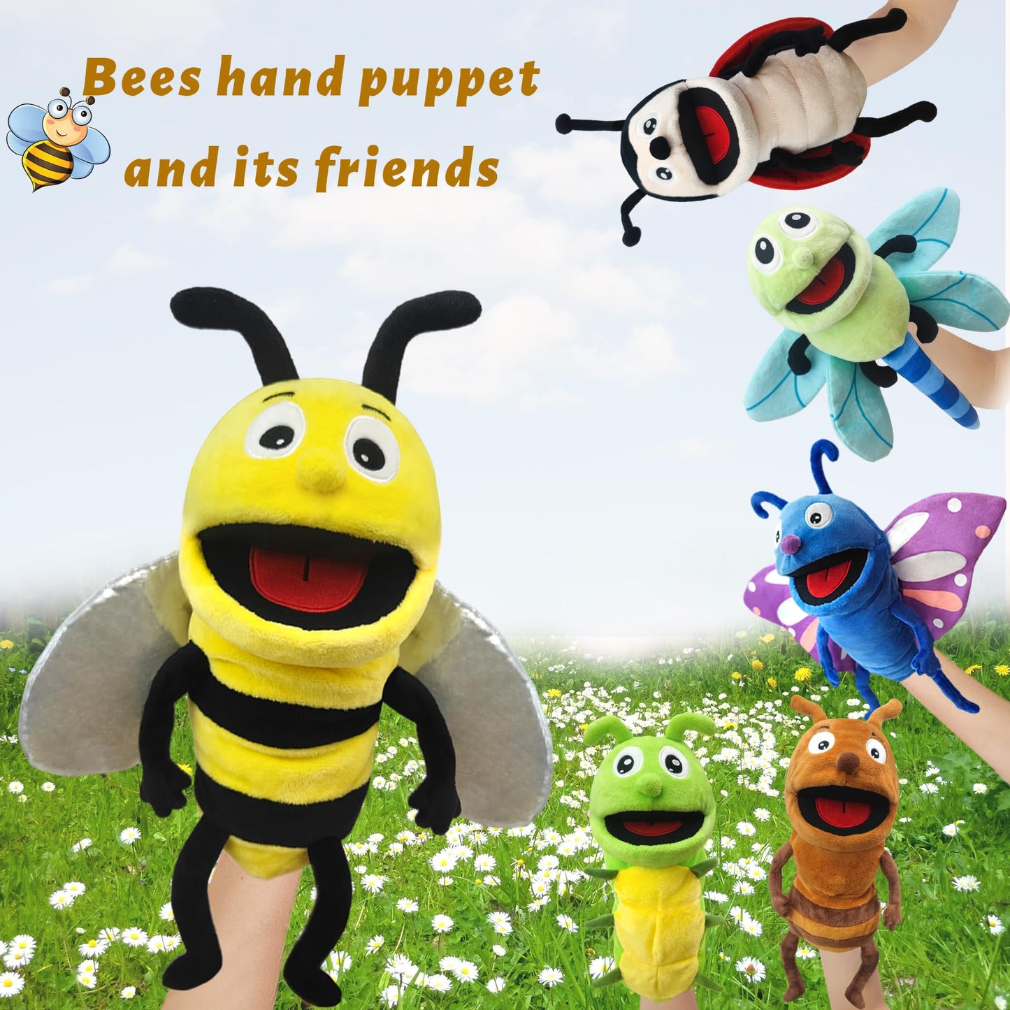 Justqunseen Hand Puppet Realistic Plush Puppet 13',Insect Animal Puppets For Kids Insect Stuffed Animal Hand Puppet With Moveable Mouth,Soft Stuffed Bee Puppet Story Toy Puppets Role Play Show Game