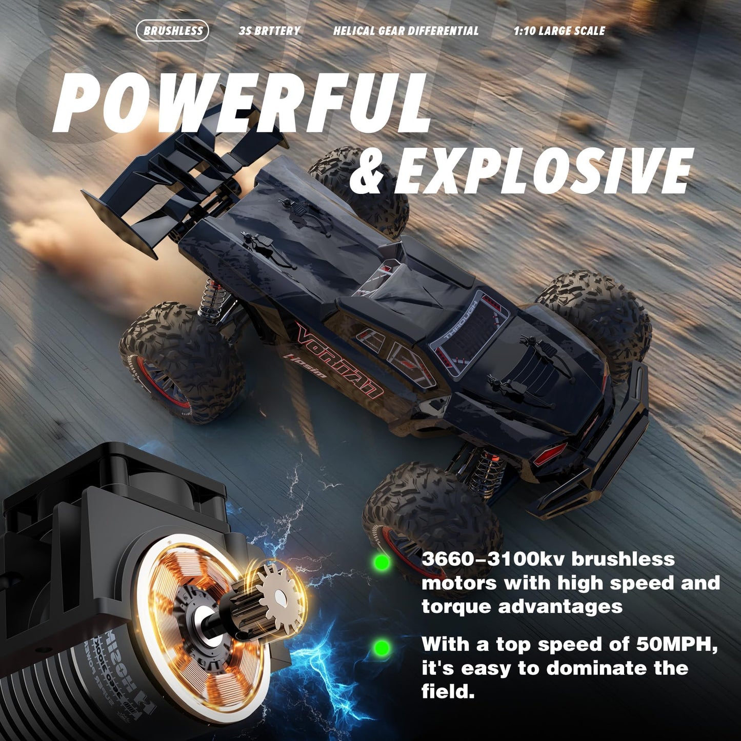 Hosim Mini 1:8 Rc Truck for Adults, Vortan Brushless Rc Truck Gas Powered Rc Cars for Adults Fast Rc Car 50MPH, All Terrain Remo