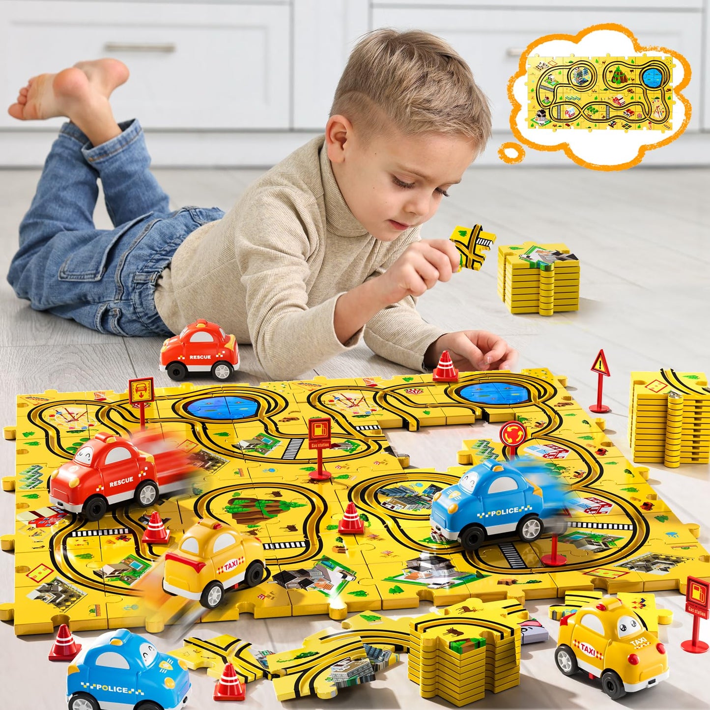 Beby Buty 64 Pcs Puzzle City Race Cars Track Set Toys For Kids Boys, Puzzle Racer Kids Car Track Set Ages 3-5 4-6, Toys Gifts Fo