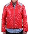 MJB2C Red 80s PU Leather Jacket - Retro Zipper Accent Stage Coat for Cosplay Halloween & Party - mature-themed X-Small