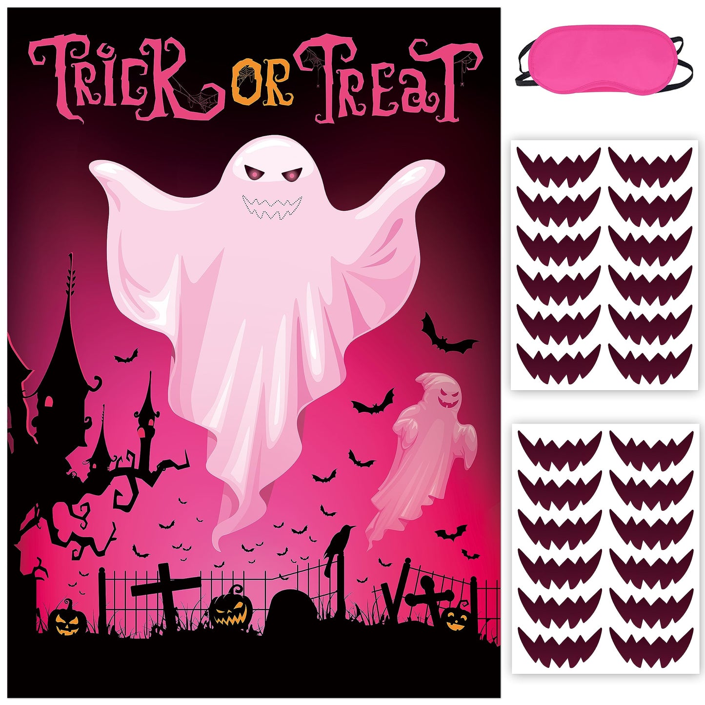 Pin The Mouth On The Ghost Halloween Party Game For Kids Ghost Poster With 24 Pieces Mouth Stickers And A Blindfold For Hallowee