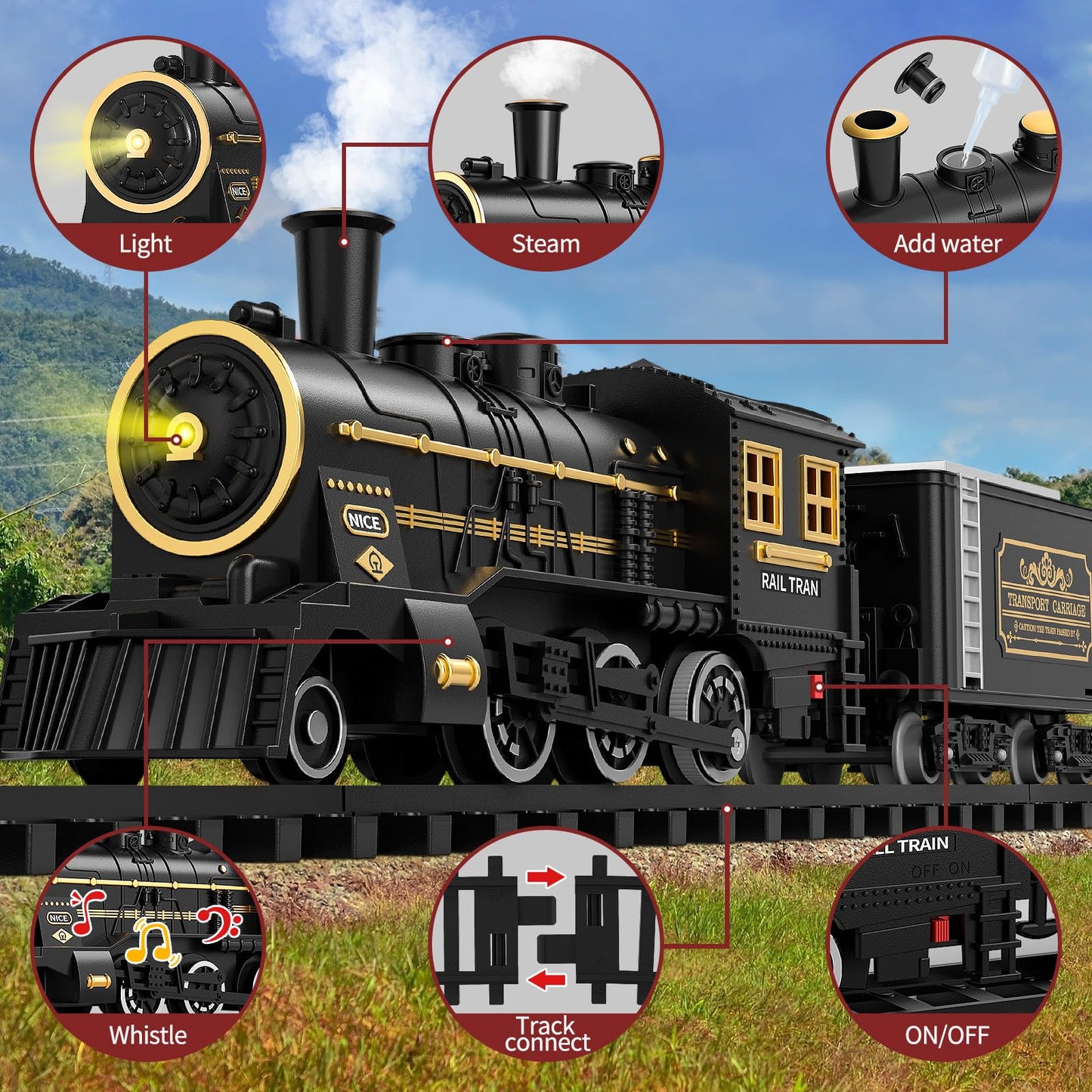 Temi Steam Train Toy Set For Boys 3 4 5 6 7 Years, With Sounds & Light, Electric Classical Engine Locomotive For Kids, Rechargea