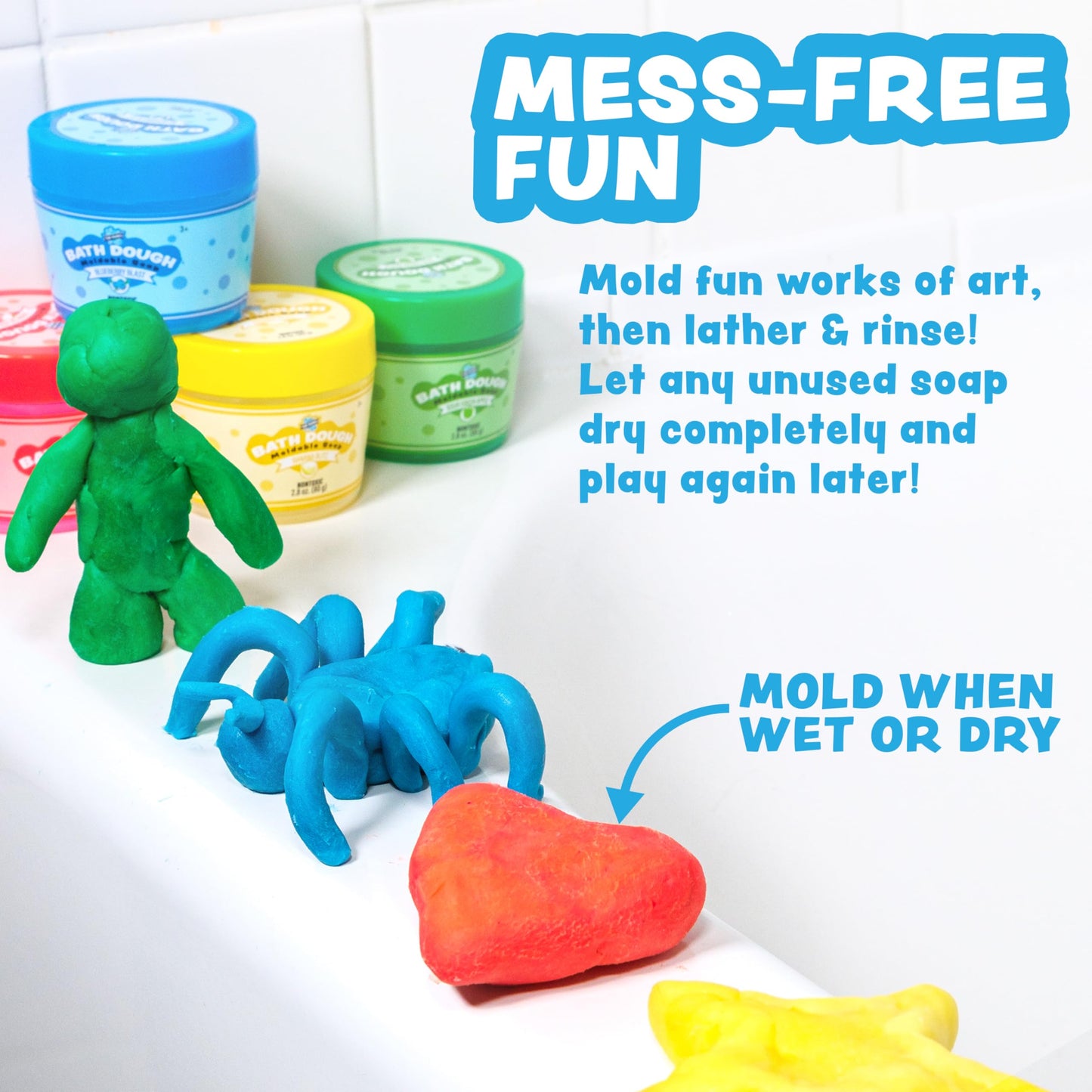 Tub Works® Bath Dough™ Moldable Kids Soap Bath Toy, Variety 6 Pack | Shape, Mold & Create Bath Art With Soap Dough | Soft & Moldable Kids Bath Soap For Shaping | Sensory Fun Toddler & Kids Bath Toys