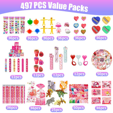 SQZUWIT 497PCS Valentines Day Gifts for Kids, 36 Pack Valentines Day Party Favor with Cards Pencils Stickers Erasers Stampers Cl