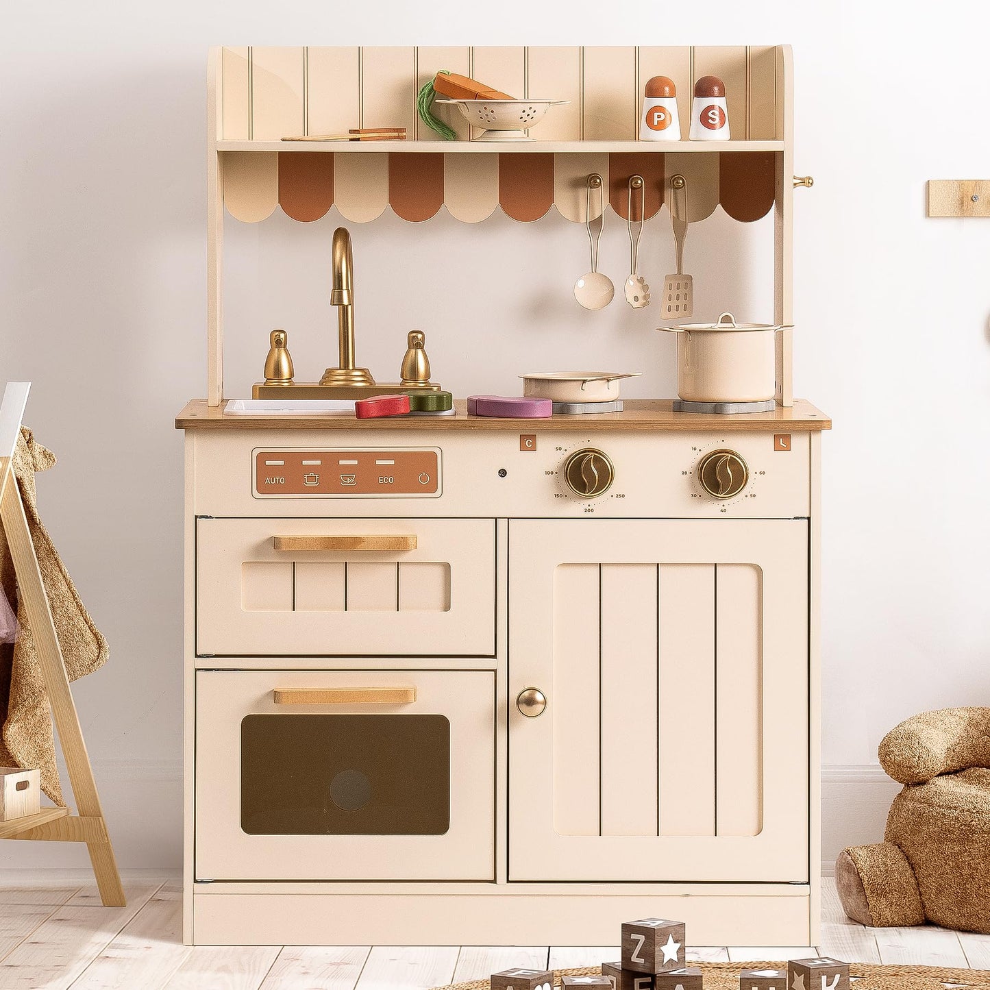 ROBOTIME Play Kitchen for Kids Toddlers, Wooden Pretend Play Kitchen Set Toy with Cutting Food Set, Toys Kitchen Gift for 3+ Yea