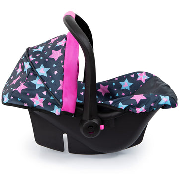 Bayer Design Dolls: Car Seat - Turquoise, Pink, Stars - Fits Dolls Up To 18'', Kids Pretend Play, Safety Belt, Sun Canopy, Ages