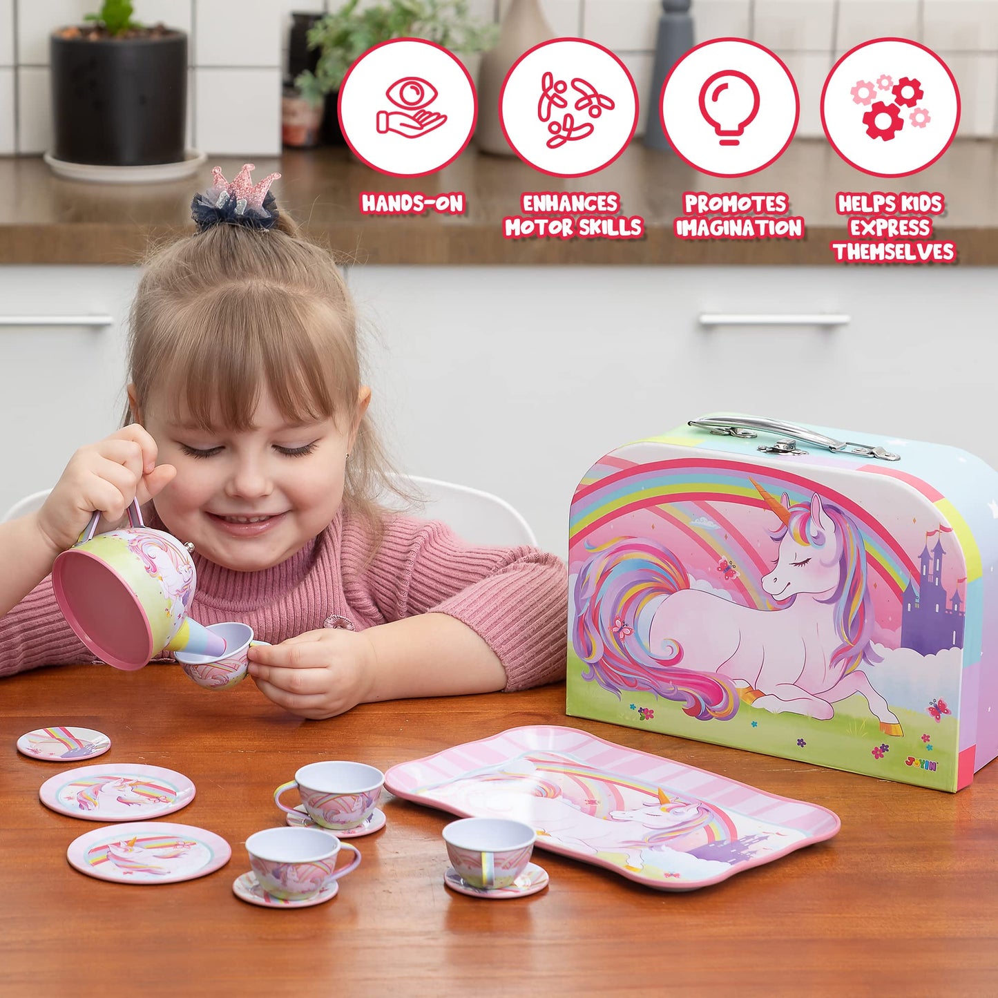 JOYIN Unicorn Tea Set for Toddlers Tea Party Set for Children Kids Pretend Role Play Tin Teapot Set with Cups, Plates and Carryi