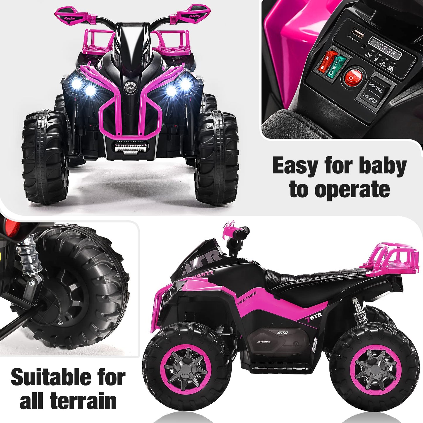 Soar Four Wheeler For Kids - Electirc Toddler 4 Wheeler For Kids 3-6, Ride On Atv 12V Battery Powered, Kids Quad With Led Lights, Music, High Low Speed, Usb/Tf, Treaded Tires, Pink