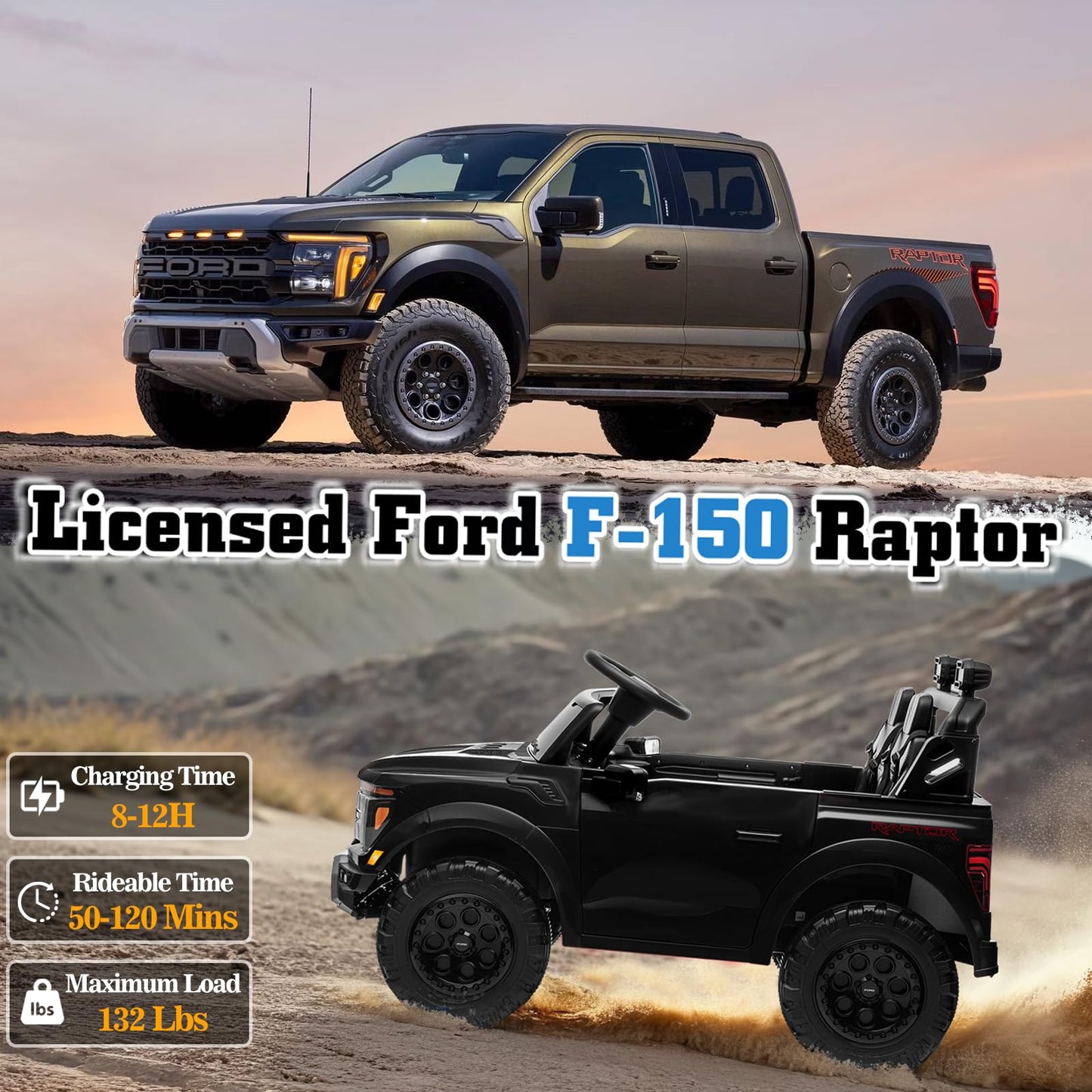 Segmart Licensed Ford F-150 Raptor 2 Seater Electric Car, 24V Ride On Car For Big Kids With Remote Control, Toddler Car W/4 Whee