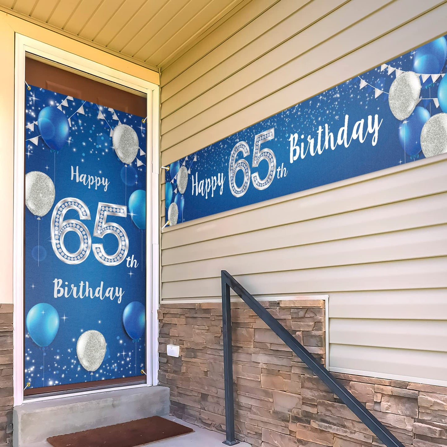 Happy 65Th Birthday Door Cover Porch Banner Sign Set - 65 Years Old Birthday Decoraions Party Supplies For Men - Blue