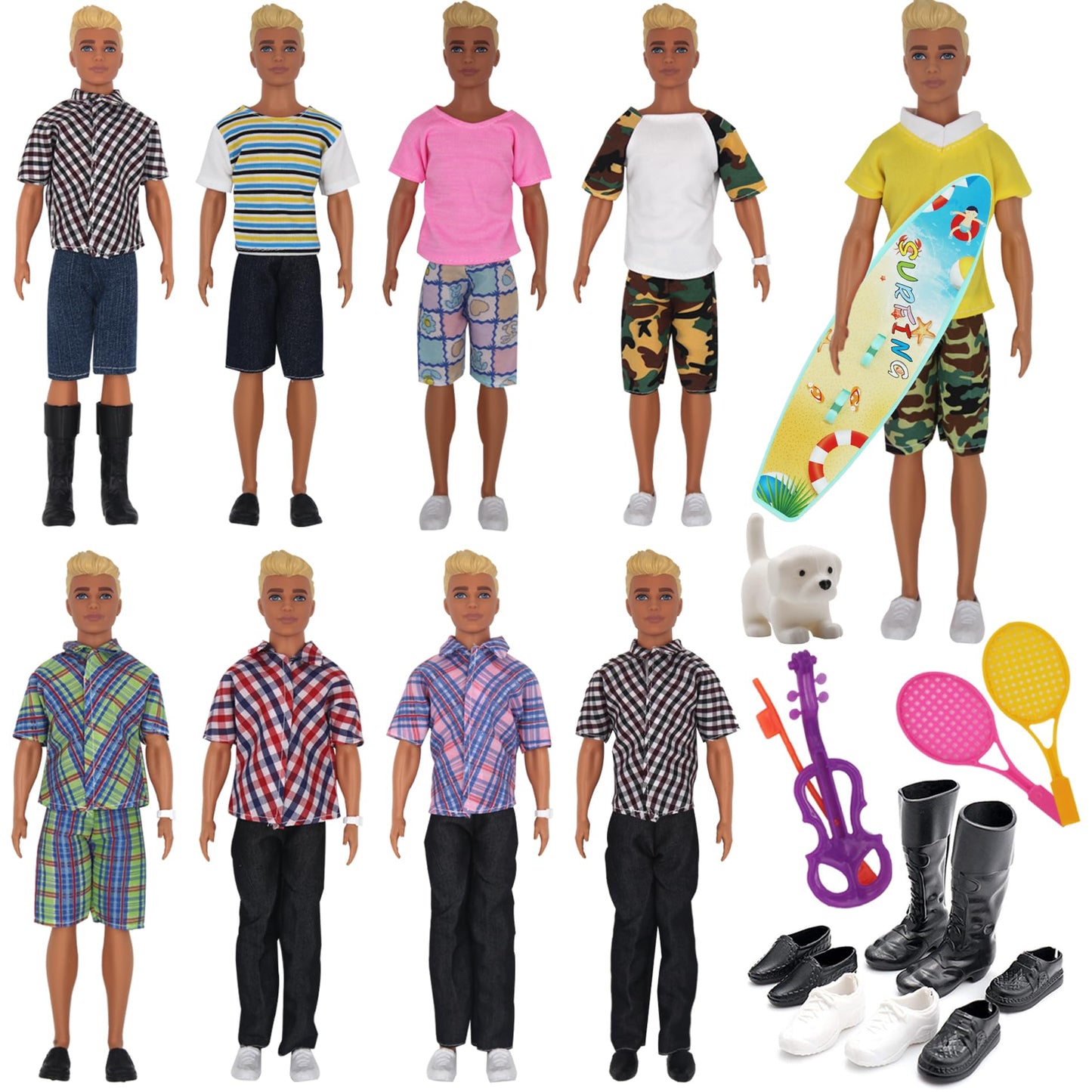 Eutenghao 25Pcs Doll Clothes And Accessories For 12 Inch Boy Dolls Includes 16 Different Wear Clothes Shirt Jeans Pants Shoes For 12'' Boyfriend Doll With Dog,2 Tennis Racket,Violin And Surfboard