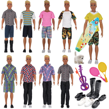 Eutenghao 25Pcs Doll Clothes And Accessories For 12 Inch Boy Dolls Includes 16 Different Wear Clothes Shirt Jeans Pants Shoes For 12'' Boyfriend Doll With Dog,2 Tennis Racket,Violin And Surfboard