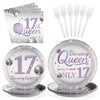 Grencian 96 Pcs Dancing Queen 17th Birthday Party Supplies Dancing Queen 17th Paper Plates and Napkins Disposable Silver Disco P