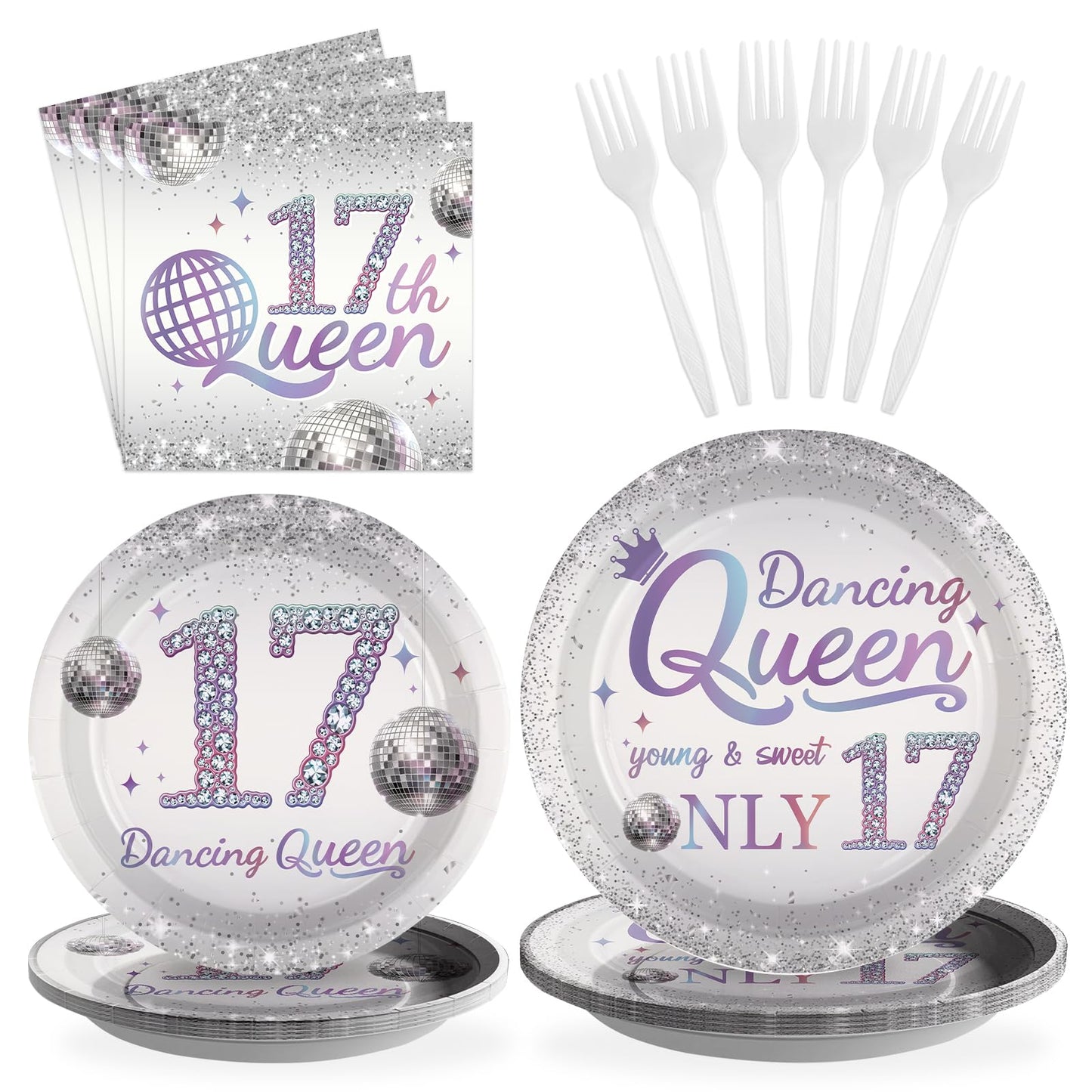 Grencian 96 Pcs Dancing Queen 17th Birthday Party Supplies Dancing Queen 17th Paper Plates and Napkins Disposable Silver Disco P