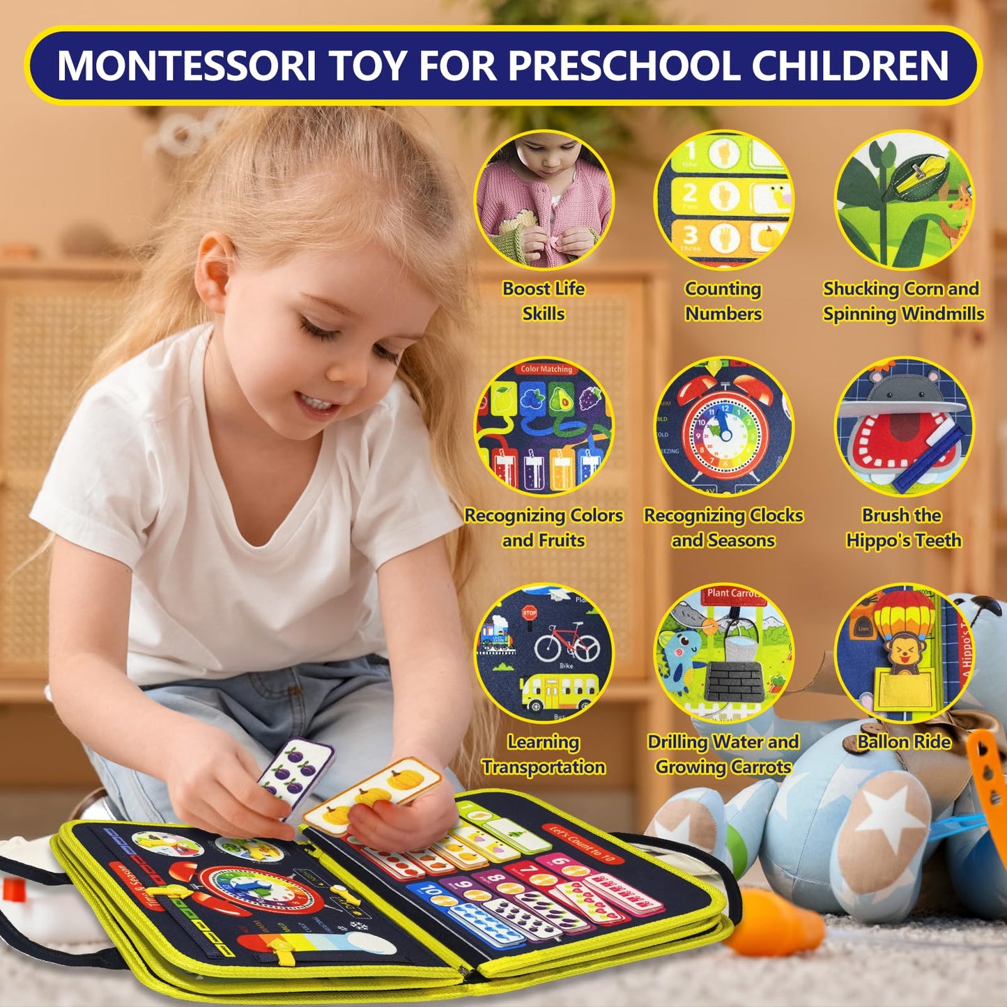 Busy Board ,Montessori Toys For Baby 3+ Year Old,Learning Toys Sensory Busy Book 12 Pages Educational Activity Basic Dress Motor