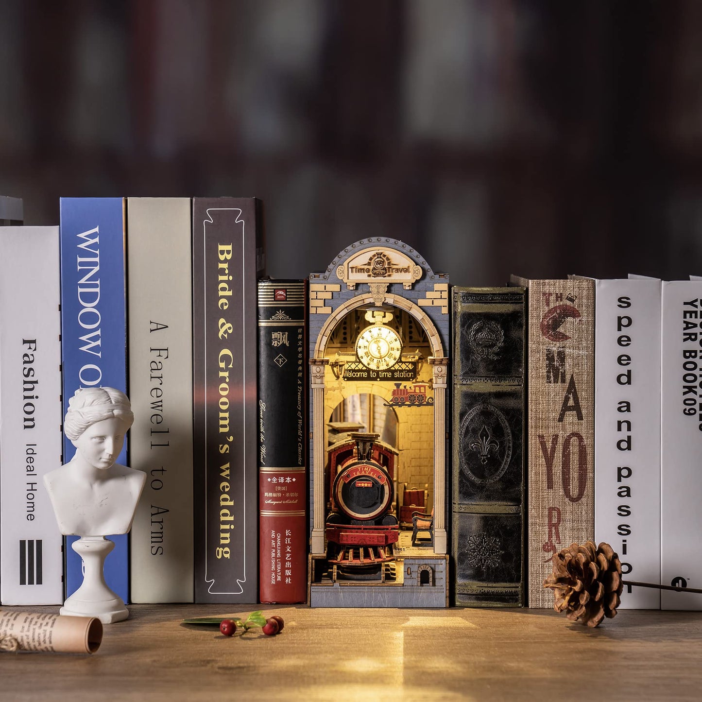 Rowood Diy Book Nook Kit, Bookshelf Insert Decor 3D Wooden Puzzle Model Kit, Bookend Building Set With Led Light - Time Travel