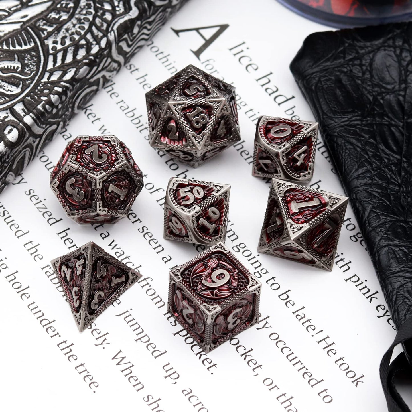 Haxtec DND Dice Set Metal D&D Dice Set with Leather Dice Bag Antique Iron Red Metal Polyhedral Dice for Dungeons and Dragons TTR