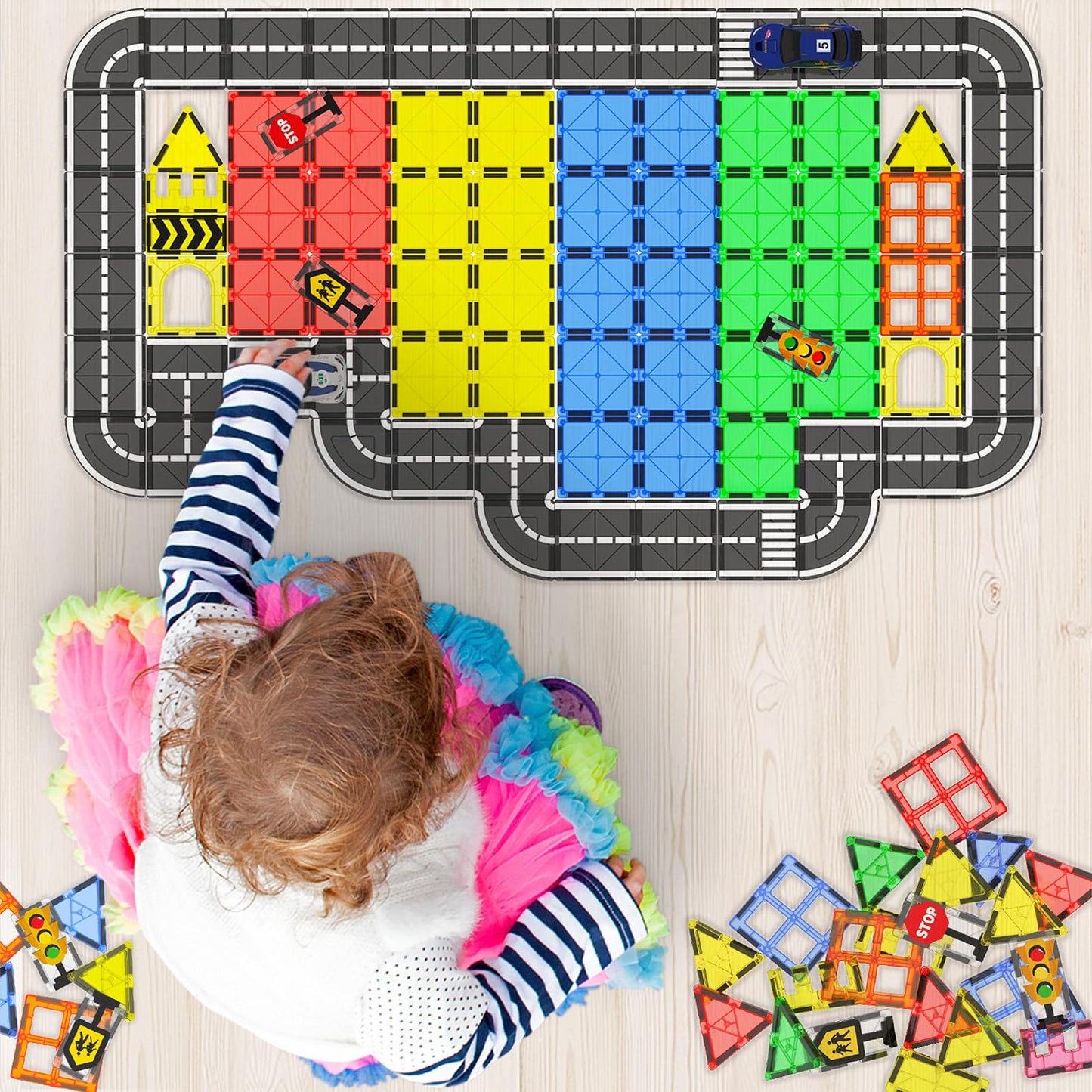 Goodtiles Magnetic Tiles Road Set - Large Bright & Colorful Building Blocks for Kids 3-8, Montessori Gift for Boys & Girls, Autism-Friendly