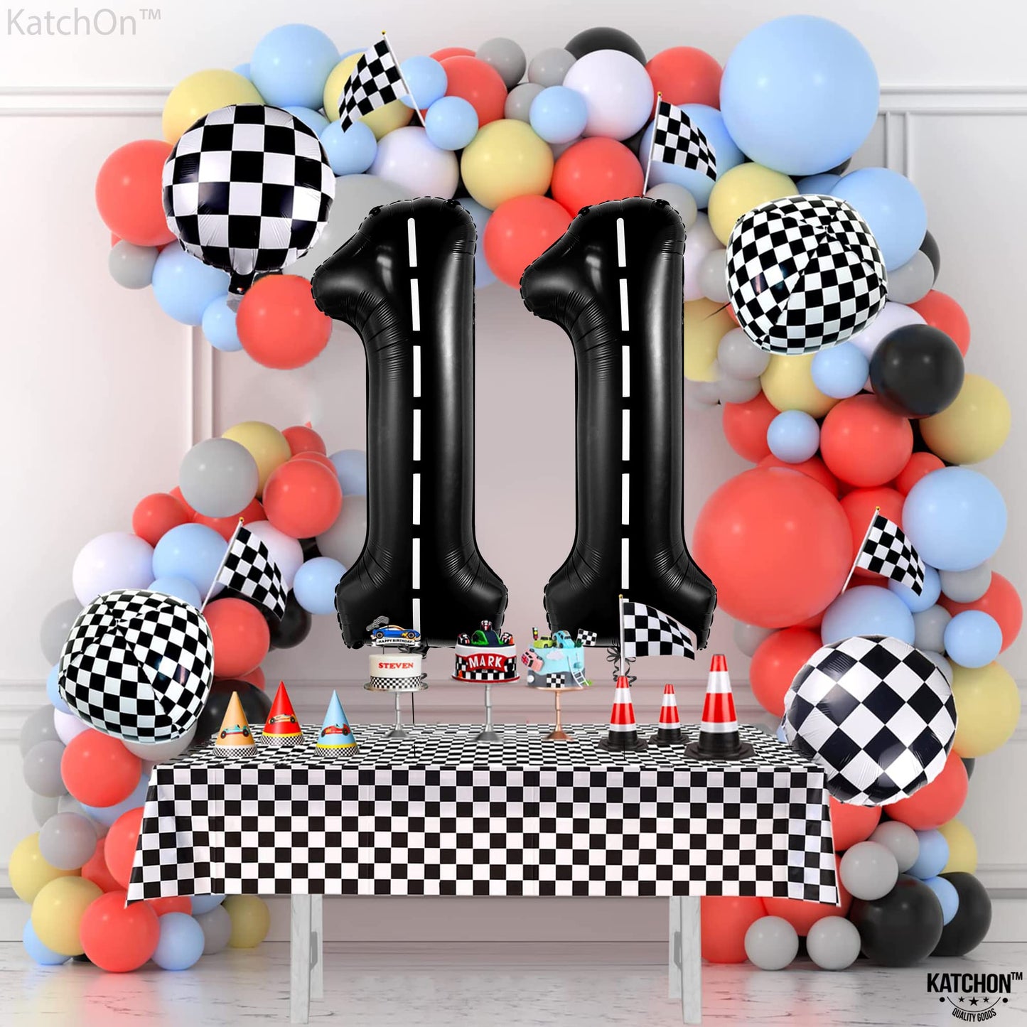 Katchon, Giant Race Car Number 11 Balloon - 40 Inch | Giant Balloon Number 11 Black For Race Car Birthday Party Decorations | 11Th Birthday Decorations Race Car Balloons | 11 Years Old Cars Decoration