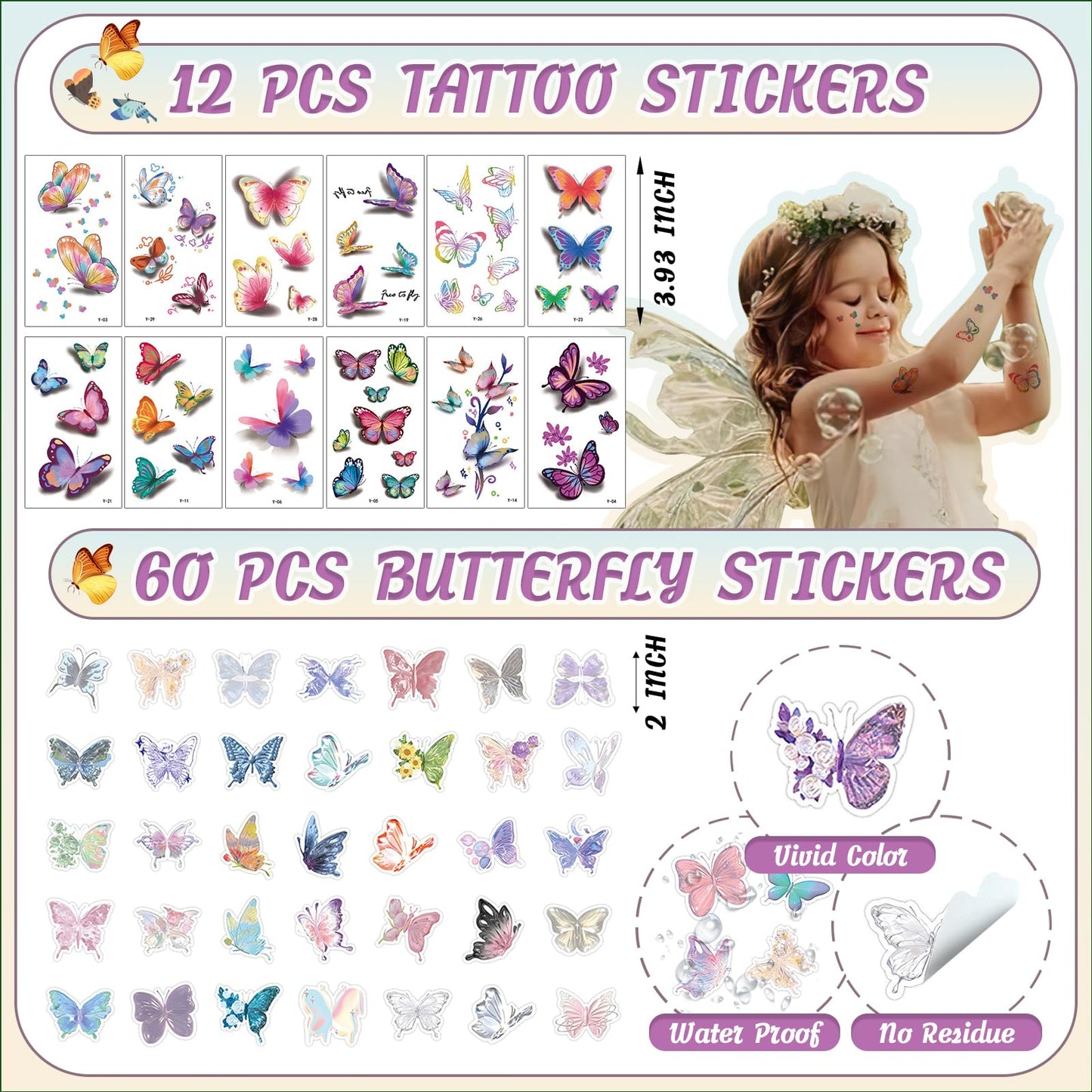 Joyvorite 144 Pcs Butterfly Party Favors Set with Butterfly Straws Keychains Slap Bracelet Tattoo Stickers Wristbands Hair clips