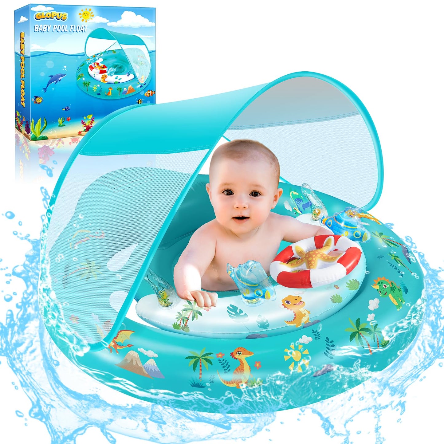 Baby Pool Float With Canopy Upf50+ Sun Protection, Inflatable Kids Pool Floats With Toy Play Console For Baby 6-36 Months, Infan