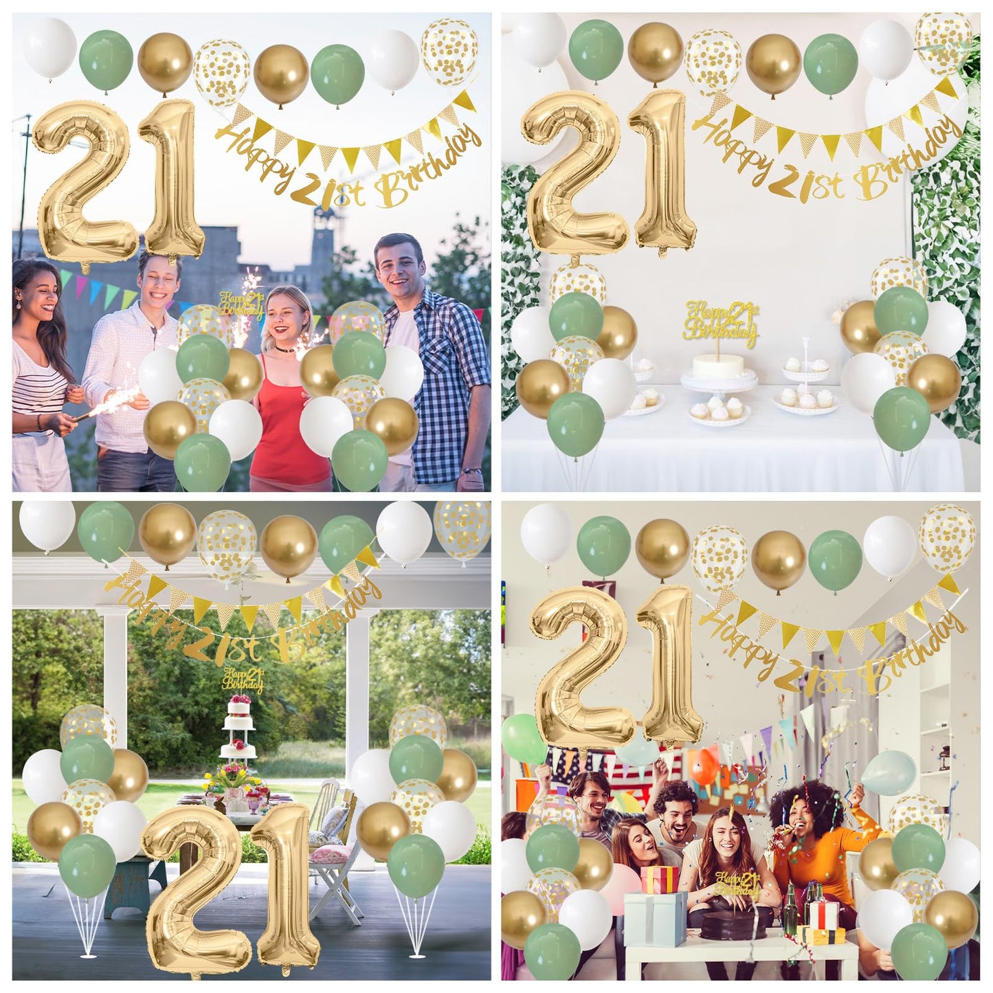 Jobkoo 21st Birthday Decorations - Happy Banner, Cake Topper & Foil Balloons, Sage Green & White, Model BLSR010