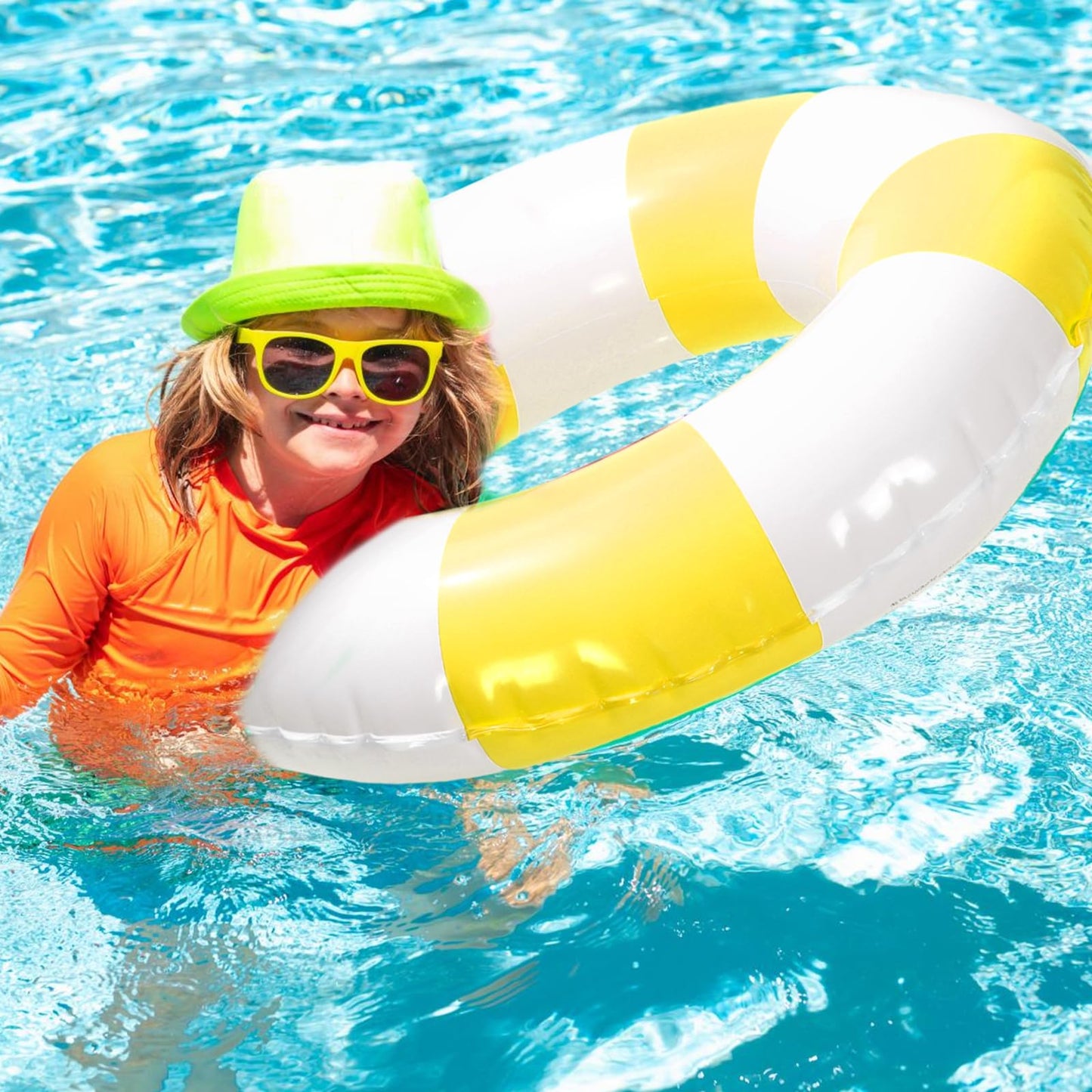 Whaline 4Pcs White Yellow Inflatable Swimming Float Toy Striped Swim Ring Fun Print Pool Lounger Tube for Teen Boy Girl Summer Swimming Beach Party 22.8 Inch