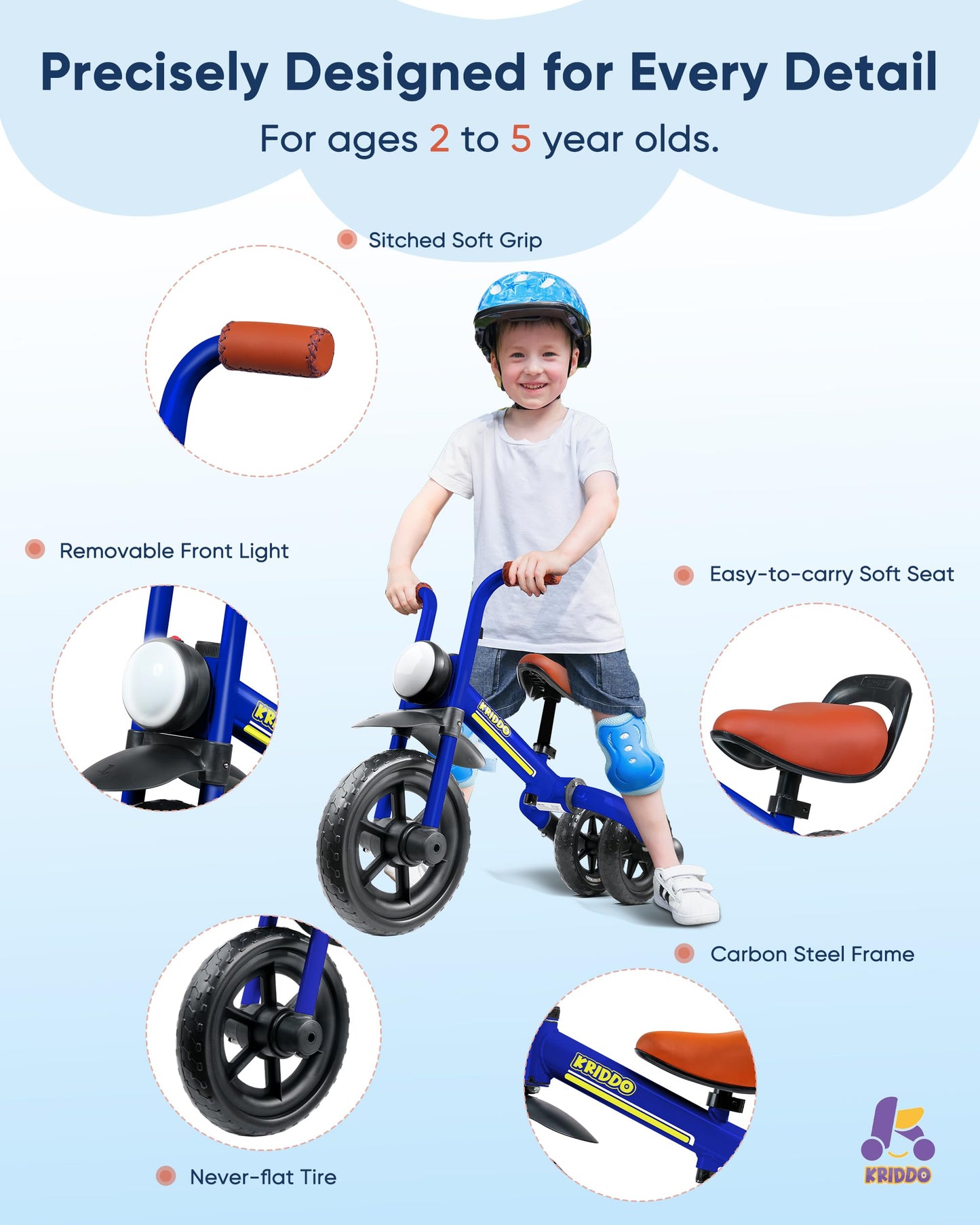 KRIDDO 2-in-1 Kids Balance Bike and Kids Tricycle for 2 to 5 Year Old, Toddler Balance Bike 2 Year Old with Detachable Pedals, T