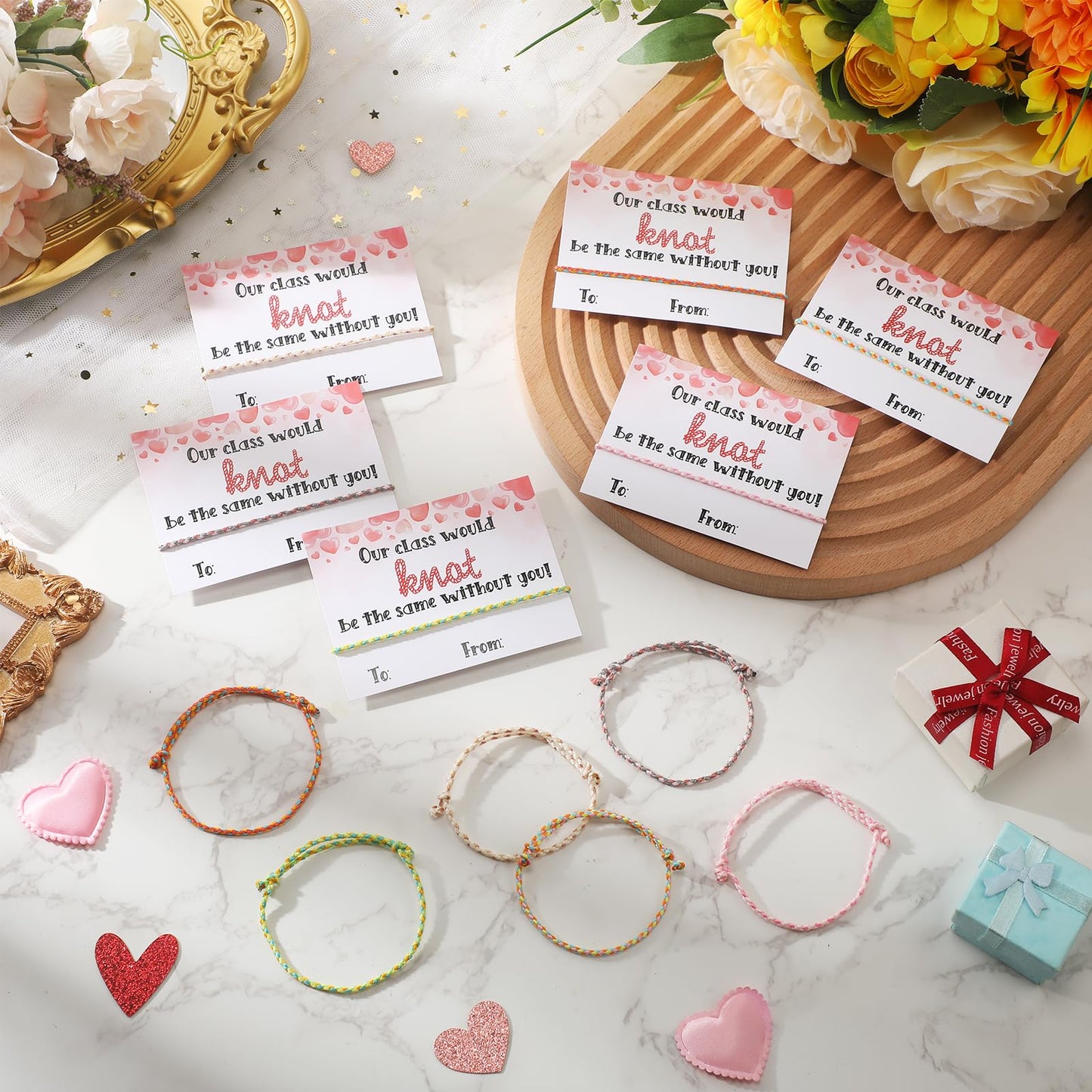 Riceshoot 60 Sets Valentine Gifts for Kids Classroom Neon Bracelets Rope Bracelets Valentines Day Gift Cards Our Class Will Knot