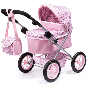 Bayer: Trendy Pram - Pink & Animal Print- Includes Shoulder Bag, Fits Dolls Up To 18, Adjustable Handle, Pretend Play, Shopping